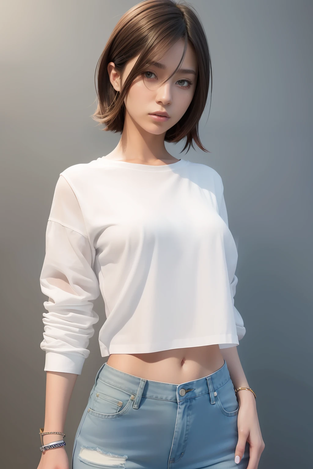 there is a woman with a white shirt and blue jeans, colored sketch, digitally colored, unrealistic character concept, half-body portrait, attractive androgynous humanoid, urban girl fanart, androgynous person, Inspired by Makoto Aida, She has olive-brown skin, realistic character concept, realistic art style, full body portrait of a short!