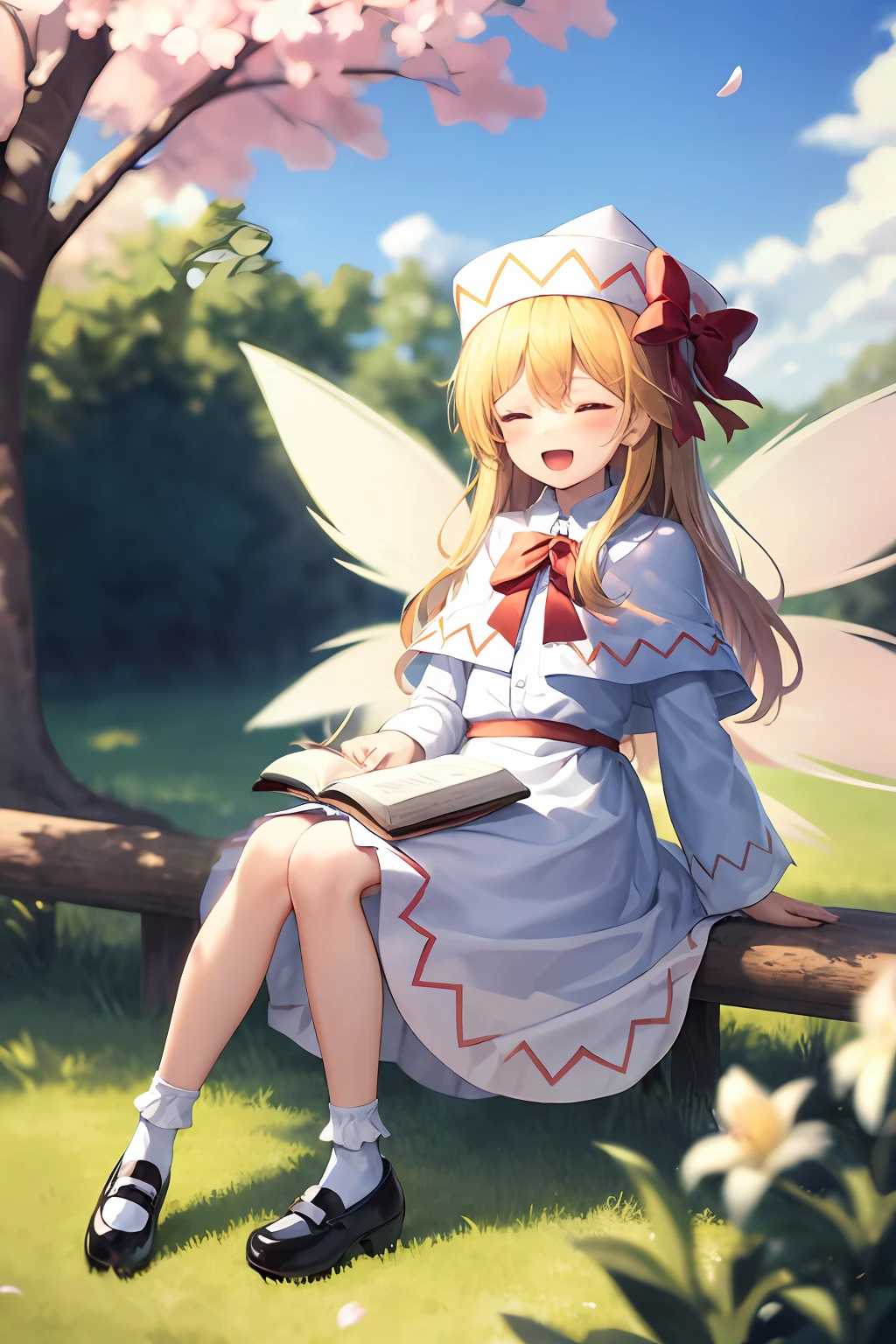 masterpiece, best quality,   lily white, 1girl, long hair, blonde hair, hat, solo, wings, fairy wings, closed eyes, headwear removed, shoes, hat removed, dress, outdoors, very long hair, socks, white headwear, mary janes, capelet, white dress, white socks, fairy, tree, grass, sitting, white capelet, long sleeves, cherry blossoms, petals, day, blurry, smile, full body, flower, red footwear, bangs, sky, ribbon, bow, transparent wings, wide sleeves, frills, depth of field, red bow, cloud, red ribbon, closed mouth, bobby socks, blurry foreground, blue sky, book, floating hair, open mouth, spring (season)