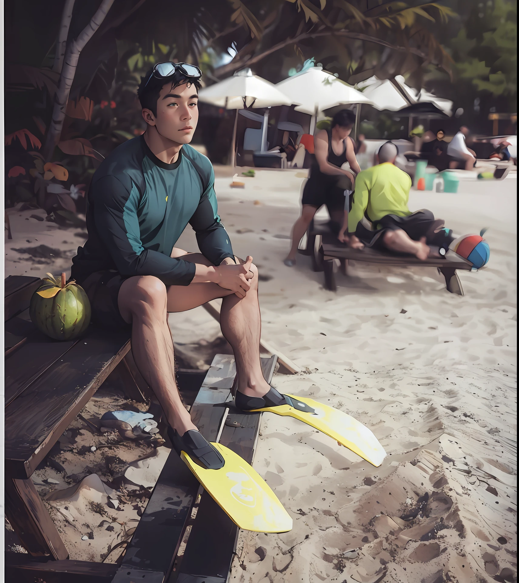 there is a musculine stockky chubby man sitting on a bench with a pair of yellow web flippers, wearing diving suit, goggle on his head, white skiin, handsome face, 26 year old, big pecs, big arms, big cehst, wide shoulders, big muscuilne thighs, whole body wet and juicy look, a coconut on the bench, tropical and plam plants background, sitting at the beach, at a tropical beach, in the beach, standing on a beach in boracay, , chilling, resting, high quality illustration art, inspiring