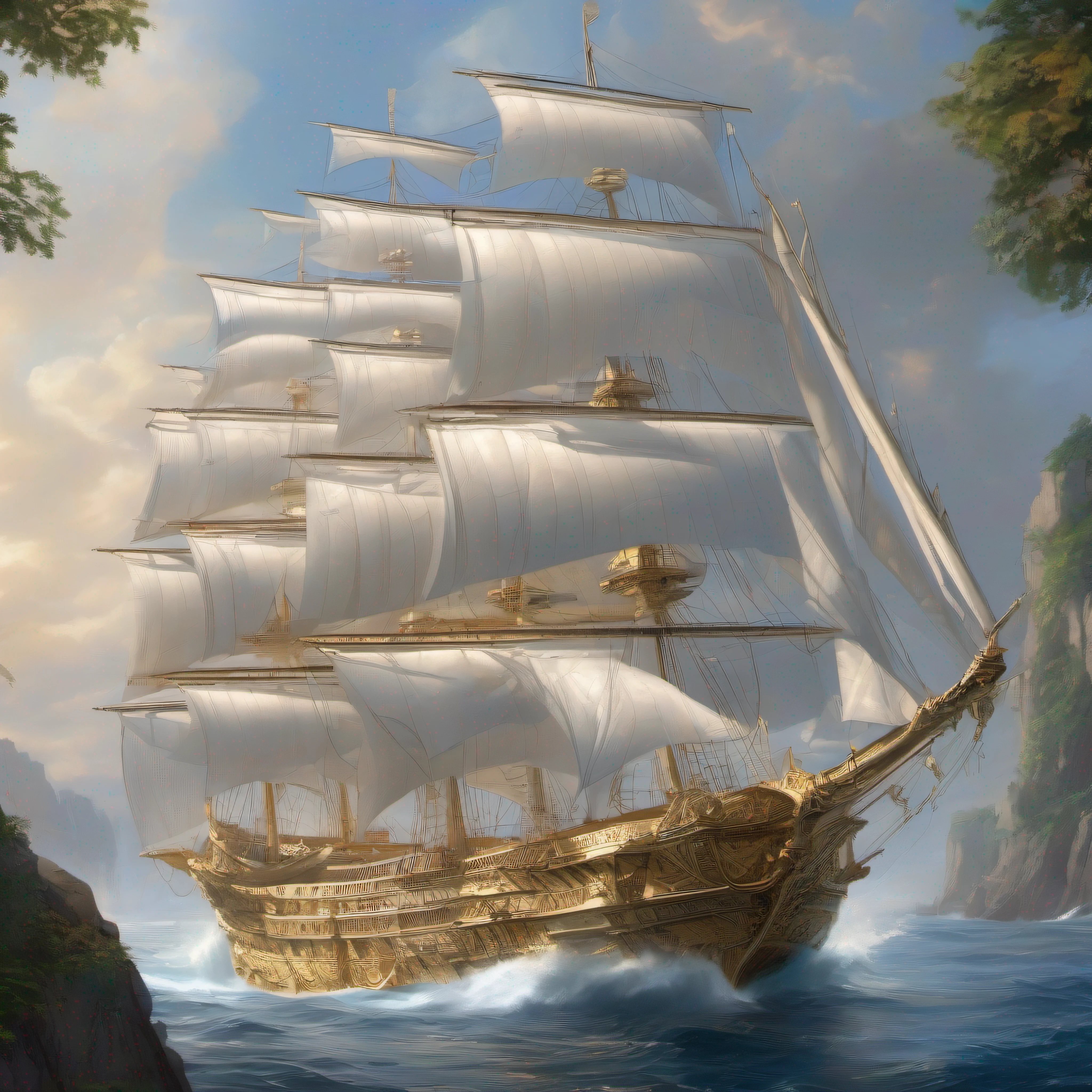 The ship of the Divine Dominion, known as The Radiant Seraph, is a majestic sight at sea. Its hull is made of gleaming white wood, adorned with divine symbols. At the prow, a white iron figurehead of a majestic eagle emits a radiant glow, symbolizing the Empire's authority in the skies and over the oceans.
Shimmering white sails bear the emblem of the Divine Dominion, a white eagle with outstretched wings. Towering masts, intricately carved with celestial motifs, support the sails, showcasing the Empire's craftsmanship.
The deck is spacious and organized, with white iron railings adding to the ship's regal appearance. Mounted on the sides are enchanted cannons, a display of the Empire's formidable military might.
The crew wears immaculate white uniforms with gold and silver trimmings, displaying their loyalty to the divine rulers. They are skilled and disciplined, serving with pride.
The Radiant Seraph is subtly enchanted, granting it exceptional speed and agility on the water. Its advanced technology and skilled crew make it a dominant force at sea.
When this ship appears, its radiant white sails and majestic figurehead leave a lasting impression. It reflects the might and divine mandate of the Empire, instilling awe in all who witness it.