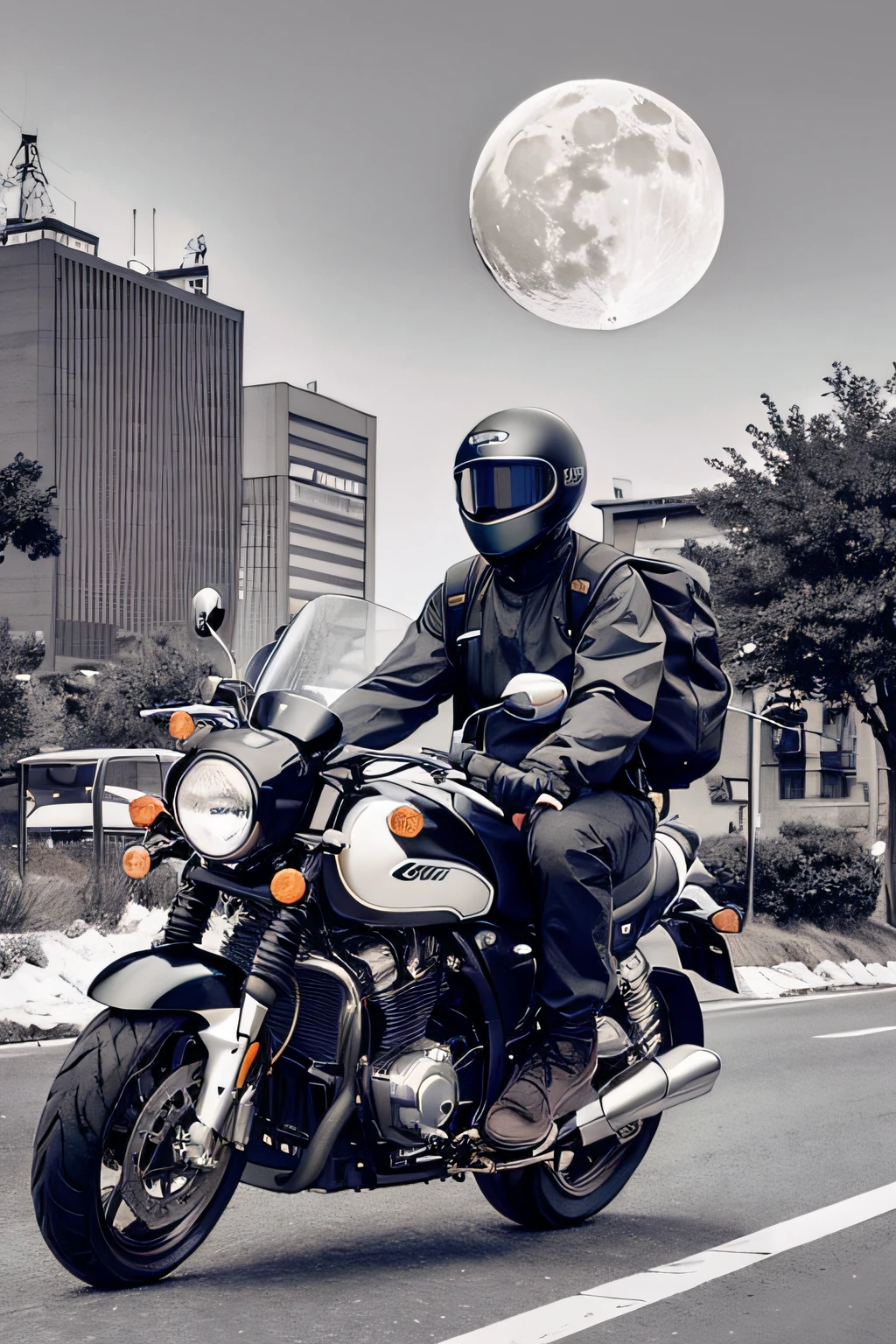 1boy rides a motorcycle,techwear,Cyberpunk-city,独奏,A futuristic,Huge moon in the background,Drawn in black and white