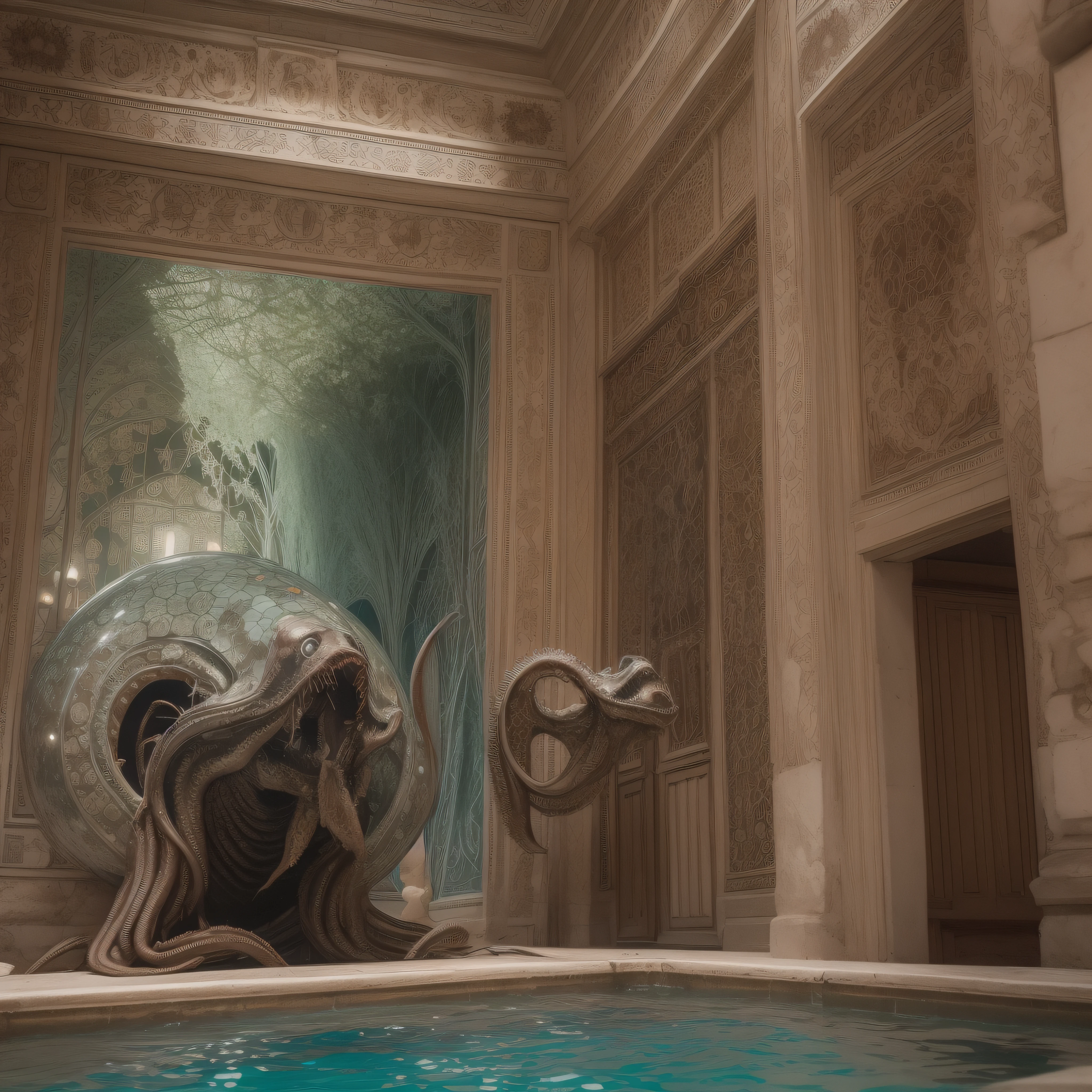 (extremadamente detallado, obra maestra, La mejor calidad), Estilo oscuro, intense illumination, templario, armadura medieval, rostro con arrugas, lengua larga, tentacle, deforme, monstruoso, interior de una piscina de agua verdosa, imagen submarina, alien con Colmillos finos, pico de pulpo amenazante. manchas de tinta. Rococo composition. Luz de caravaggio