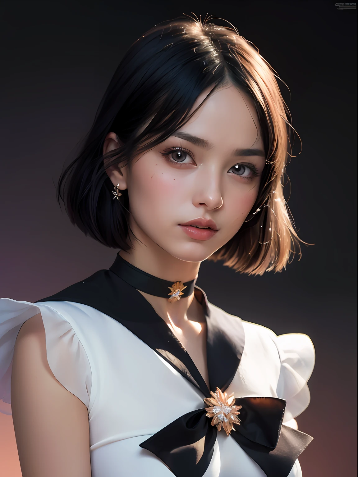 (masterpiece, best quality:1.4), (nebulosa background), (full body shot), (from front), 1girl, solo, (european youth:1sailor saturn, tiara, sailor senshi uniform, purple sailor collar, pleated skirt, elbow gloves, jewelry, brooch, choker, short black hair, (purple eyes:1), beautiful face, highly detailed face, highly detailed eyes, highly detailed skin, skin pores, subsurface scattering, realistic pupils, large breast, hard breast, full face blush, full lips, detailed background, depth of field, volumetric lighting, sharp focus, absurdres, realistic proportions, good anatomy, (realistic, hyperrealistic:1.4), 16k hdr,
