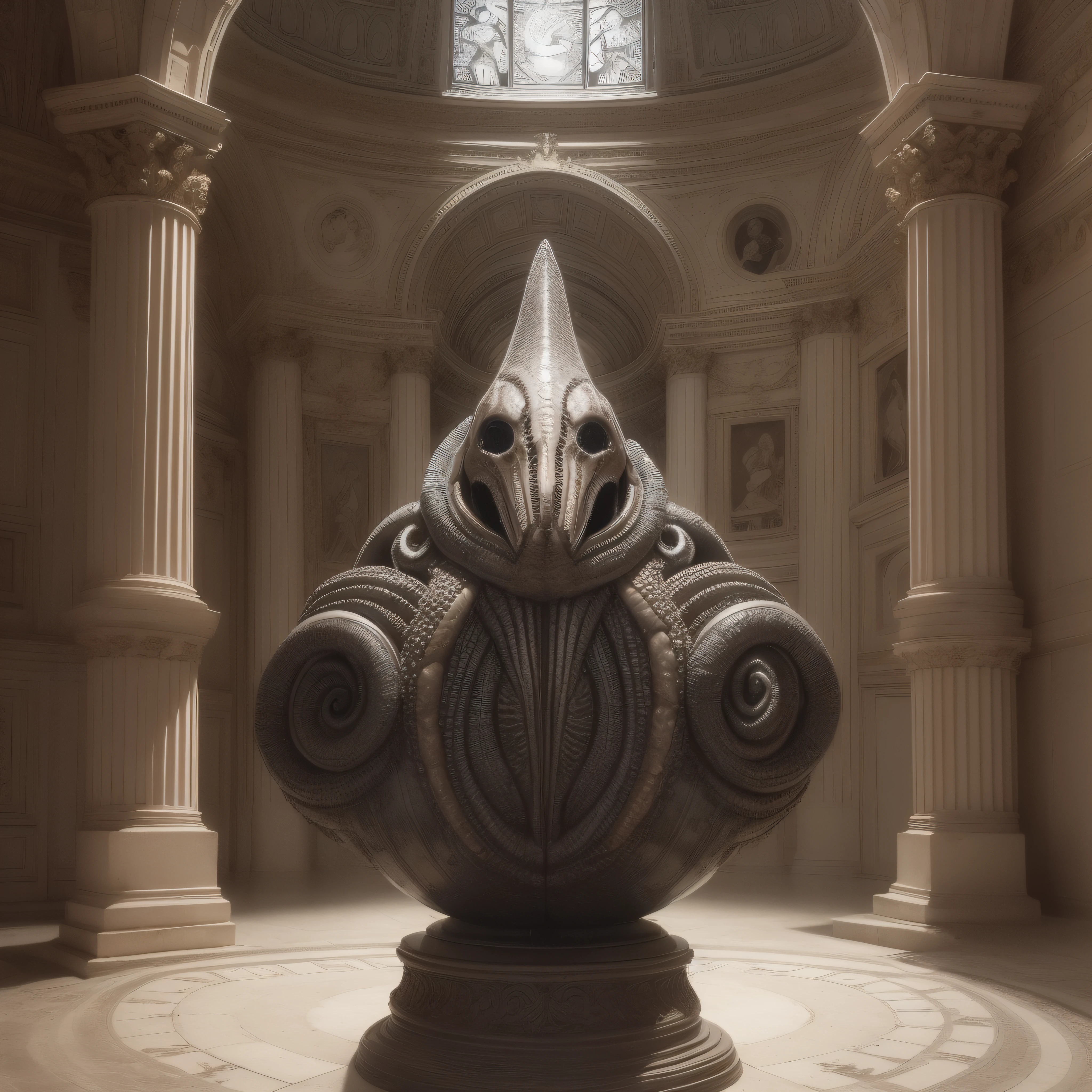 (extremadamente detallado, obra maestra, La mejor calidad), Estilo oscuro, intense illumination, templario, armadura medieval, rostro con arrugas, lengua larga, tentacle, deforme, monstruoso, interior de una piscina de agua verdosa, imagen submarina, alien con Colmillos finos, pico de pulpo amenazante. manchas de tinta. Rococo composition. Luz de caravaggio