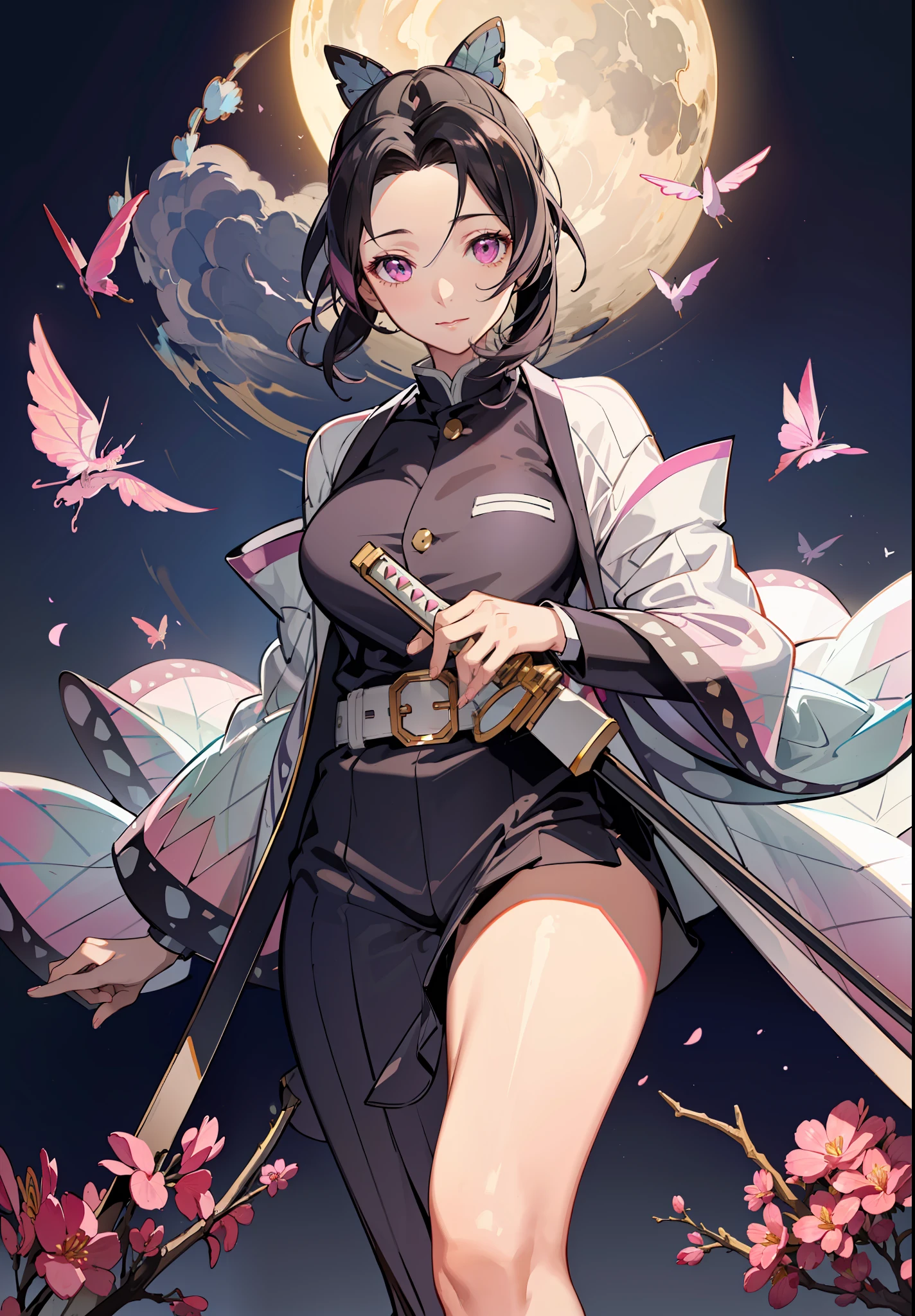 masterpiece, (pink kimono), seductive face, good lighting, décolleté, fine details, masterpiece, glowing eyes, 1girl, black hair, best quality, POV, whole body, wide hips,