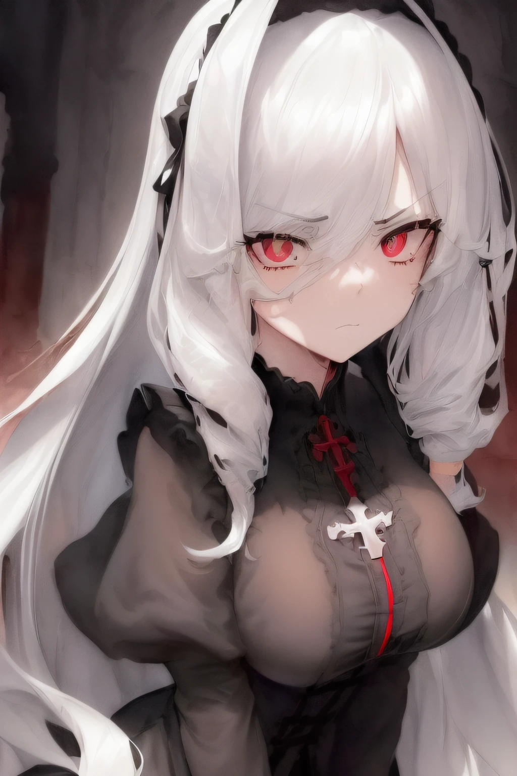 cinematic lighting, ((best quality)),((single_human_girl)),((((upper_body)))),((extremely_detailed_eyes_and_face)),((church)),((annoyed)),((ink)),((illustration)),depth of field,((frown)),((expression)),((red_eyes)),((((white_hair)))),((extremely detailed)),((watercolor)),((anime face)),(skull_on_dress),(((yokozuwari))),((detailed_skeleton_church)),(((beautiful_detailed_black_gothic_Empire_Waist_Dress))),(((dramatic_angle))),medium_breast,(8k_wallpaper),((bright_eyes)), (looking_at_viewers),((close_to_viewers)),((masterpiece)),(((((messy_long_hair))))),((((1girl)))),lens_flare,light_leaks