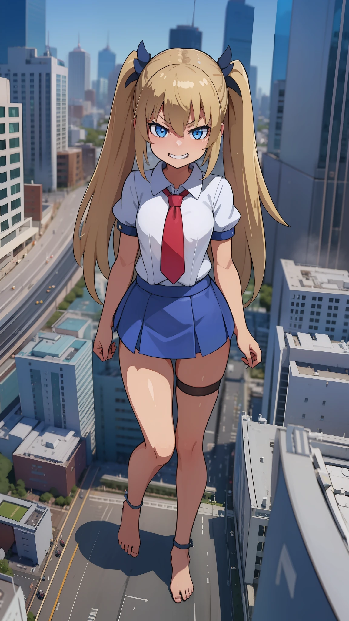 hiquality, tmasterpiece (One girl Loli Hidal) blonde hair with two long ponytails and a rizinka on the ponytails, blue eyes, Sly smile with a fang, . panty, bare feet. Against the backdrop of street mourning for the city in the park. giantess. The city. Building