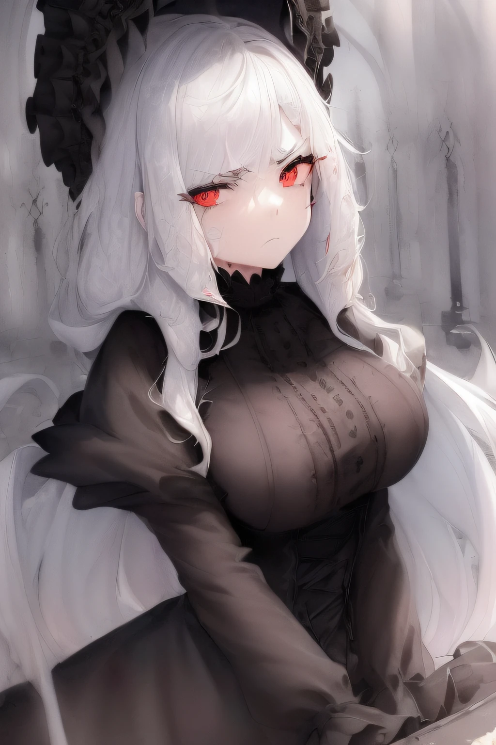 cinematic lighting, ((best quality)),((single_human_girl)),((((upper_body)))),((extremely_detailed_eyes_and_face)),((church)),((annoyed)),((ink)),((illustration)),depth of field,((frown)),((expression)),((red_eyes)),((((white_hair)))),((extremely detailed)),((watercolor)),((anime face)),(skull_on_dress),(((yokozuwari))),((detailed_skeleton_church)),(((beautiful_detailed_black_gothic_Empire_Waist_Dress))),(((dramatic_angle))),medium_breast,(8k_wallpaper),((bright_eyes)), (looking_at_viewers),((close_to_viewers)),((masterpiece)),(((((messy_long_hair))))),((((1girl)))),lens_flare,light_leaks