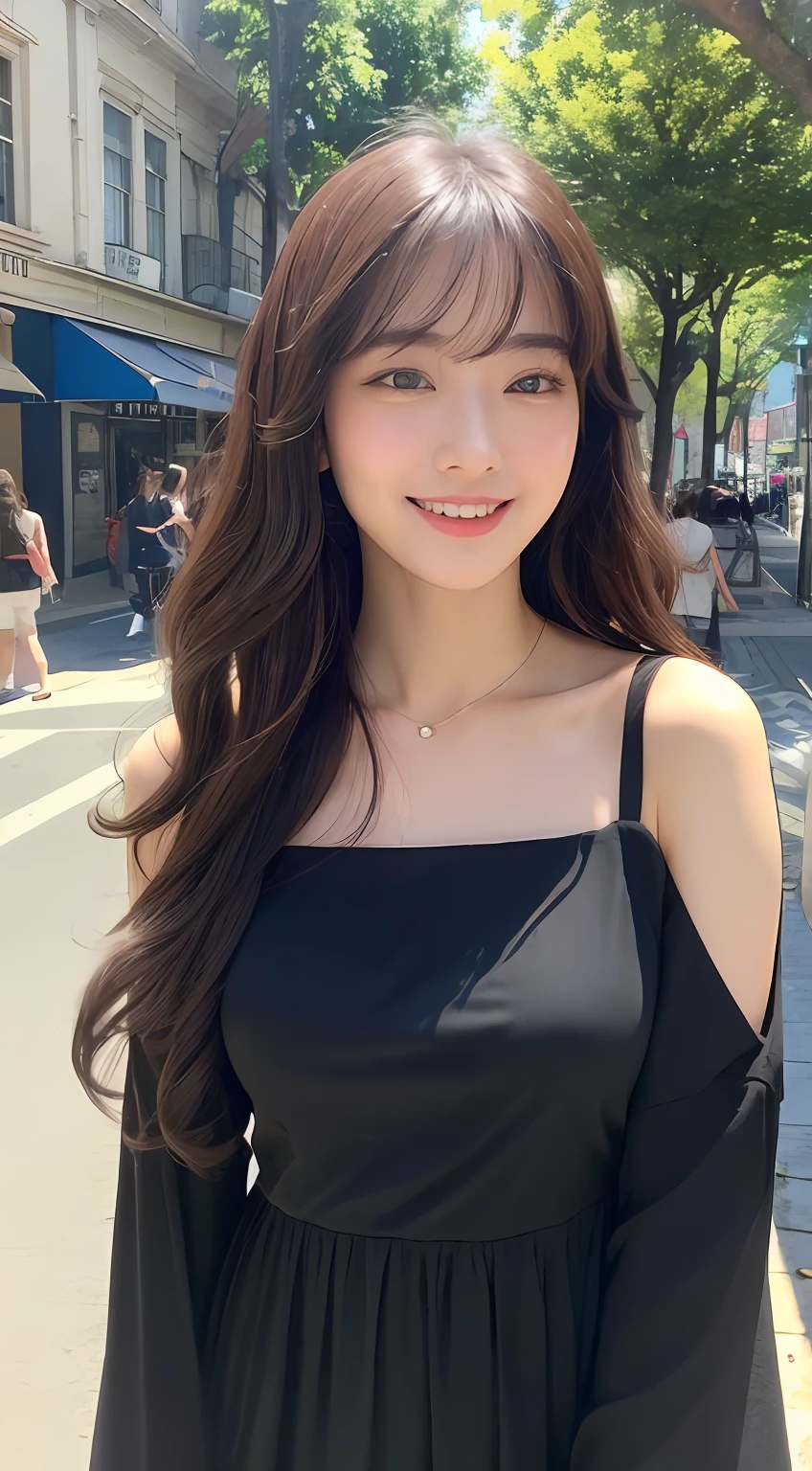 ((top-quality、8K、​masterpiece:1.3))、1girl in、A smile、full body Esbian、Slim Faces、Pretty women、(dark brown  hair)、Full-length dresses:1.1、hyperdetailed face、A detailed eye、二重まぶた、blured background、Slim Faces、城市、takeout、a street、With bangs、Curly hair、a park、frontage、Medium chest