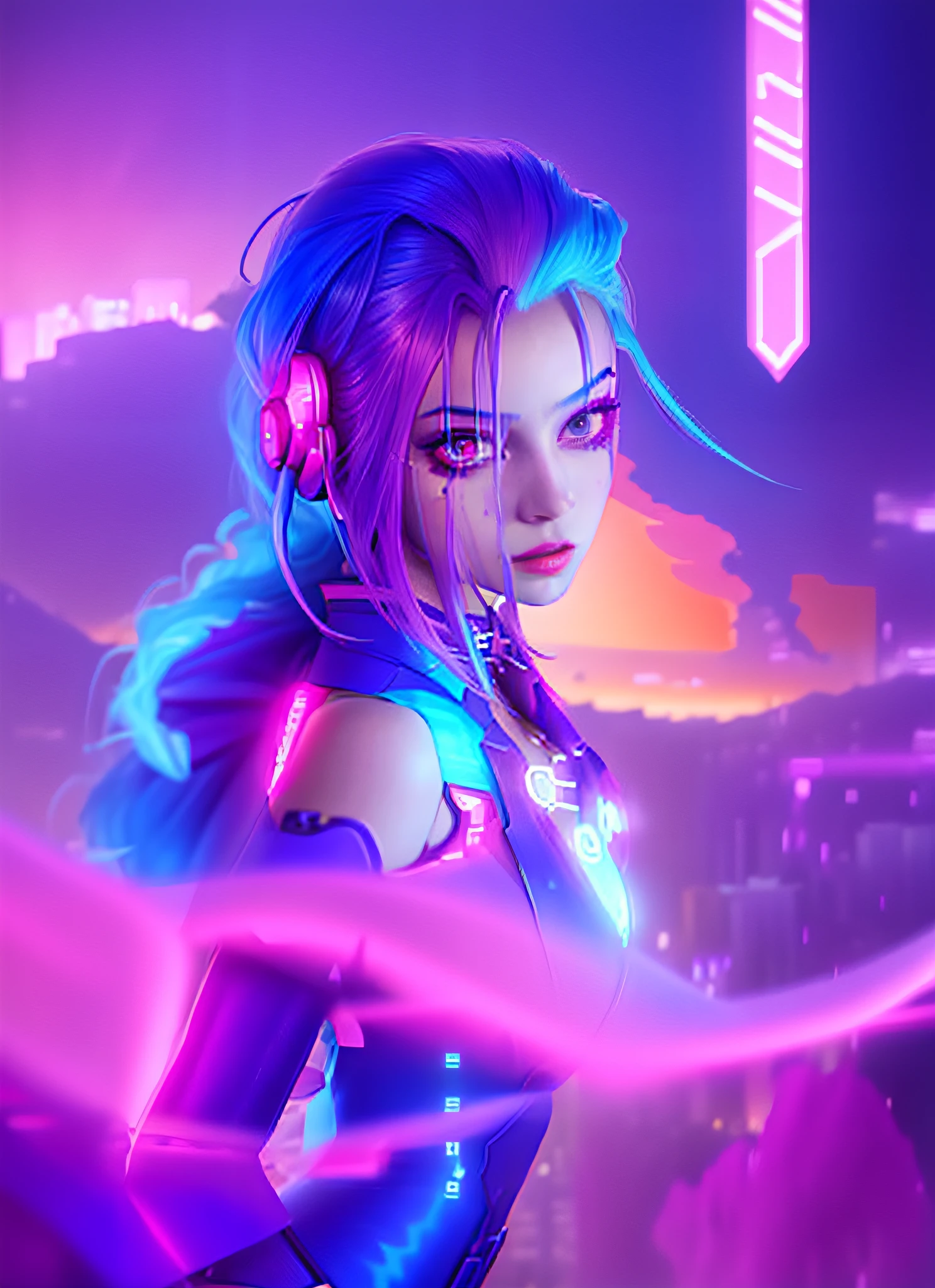a close up of a person with blue hair and a purple light, digital cyberpunk - anime art, digital cyberpunk anime art, anime cyberpunk art, jinx from league of legends, portrait of jinx from arcane, samira from league of legends, jinx from arcane, cyberpunk anime art, portrait knights of zodiac girl, anime styled digital art, cyberpunk anime girl