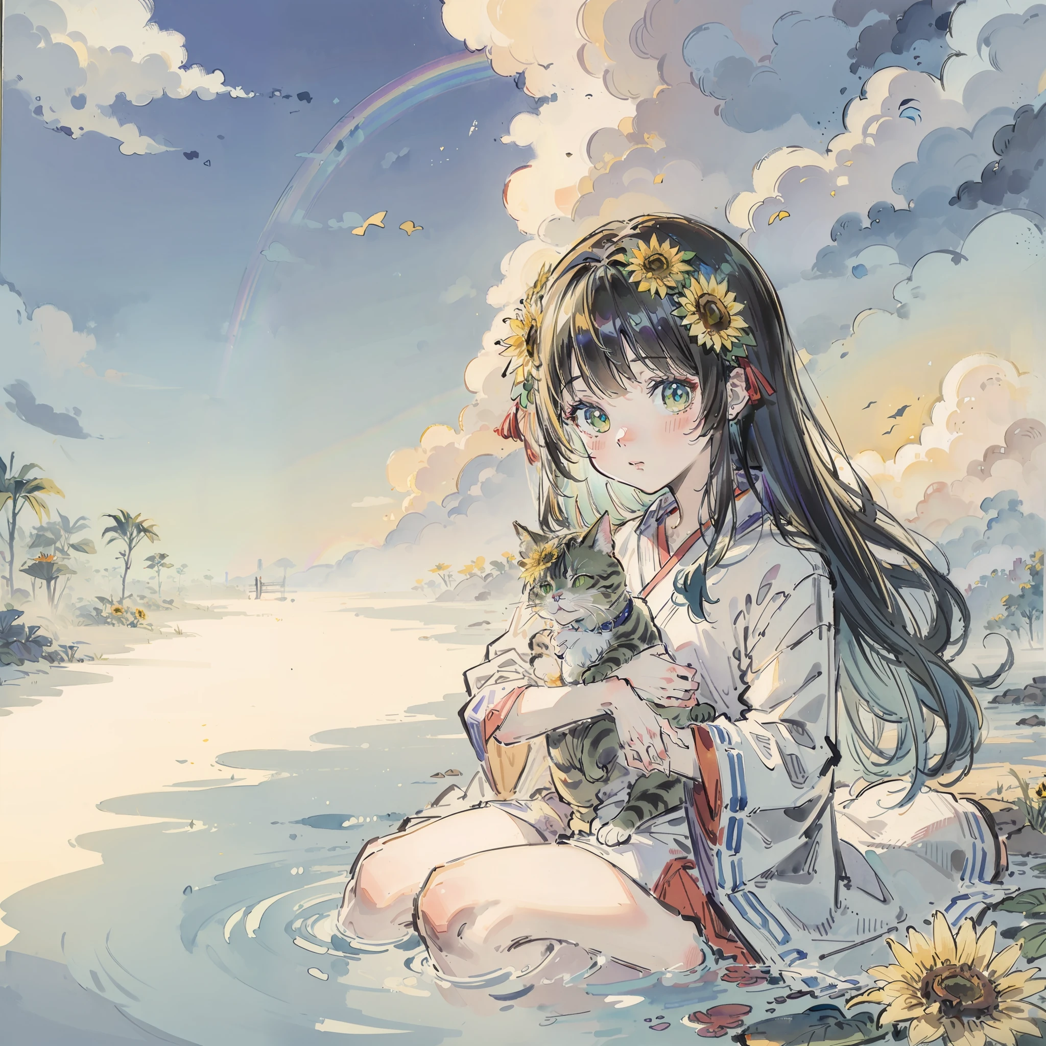 ((Best quality1.2、masutepiece))、(aquarelle)、((Holding a cute cat))、((Sun flower))、kawaii、(rainbow-colored hair)