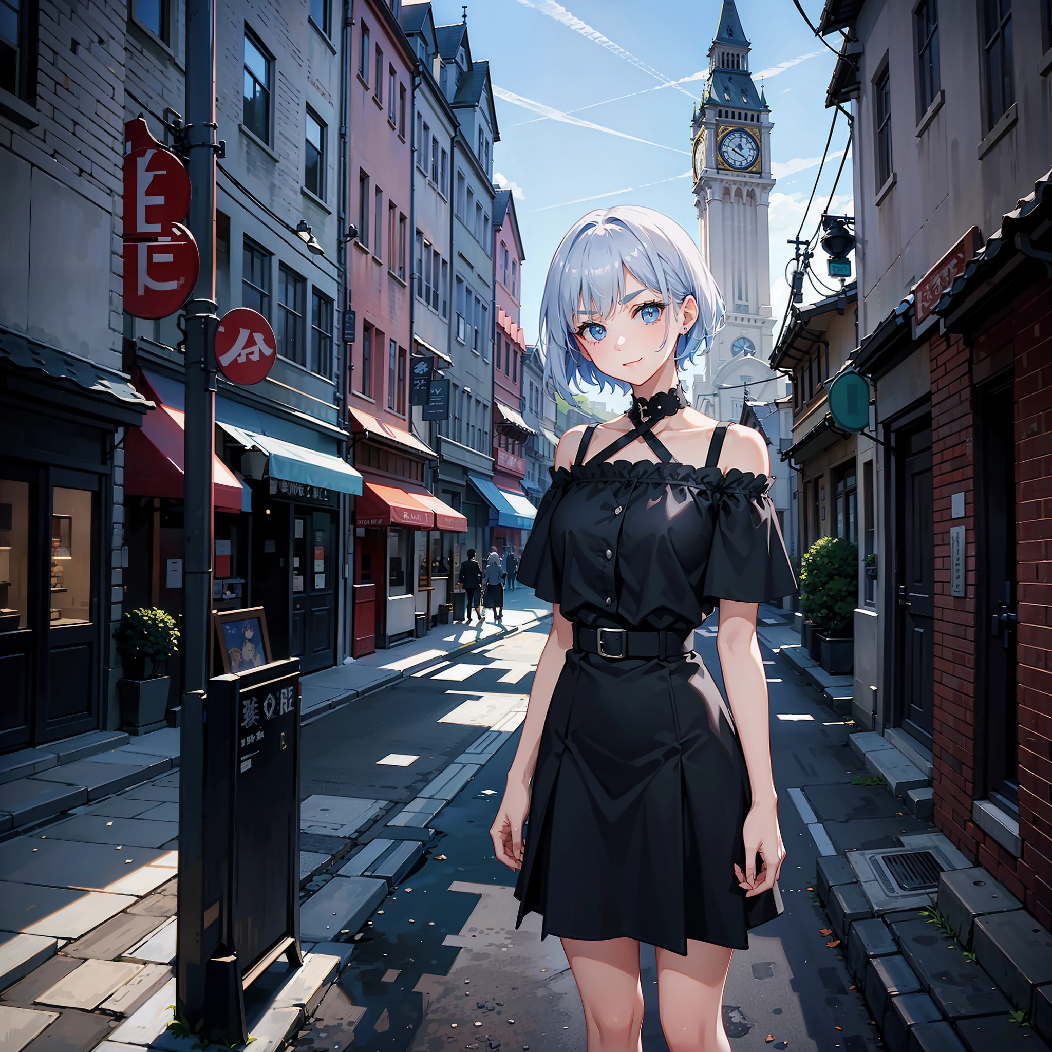 Portrait of an amazingly beautiful girl、Light blue short hair、sharp eyebrows、Big eyes、Dark eyelashes、A big smile、european townscape、a choker、off shoulders、Short leather skirt、slenderbody、walking(Delicate details:1.25)、(独奏:1.3)、(Western Streets)、(Detailed landscapes)、(Professional Shadow)、Brick House、(clocktower)