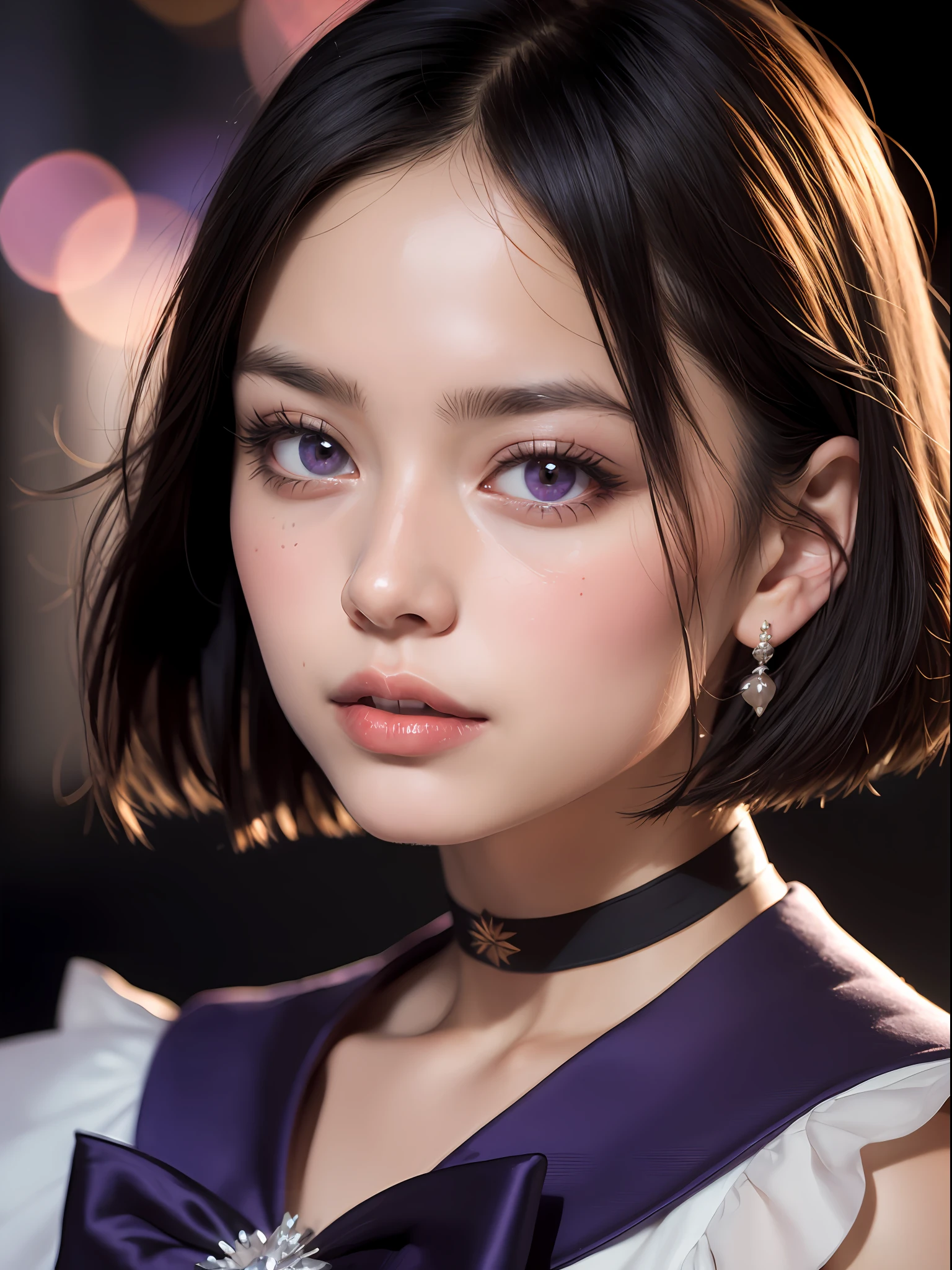 (masterpiece, best quality:1.4), (nebulosa background), (wide shot), (front shot), 1girl, solo, (european youth:1), sailor saturn, tiara, sailor senshi uniform, purple sailor collar, pleated skirt, elbow gloves, jewelry, brooch, choker, short black hair, (purple eyes:1.2), beautiful face, highly detailed face, highly detailed eyes, highly detailed skin, (skin pores:1), subsurface scattering, realistic pupils,large breast, hard breast, full face blush, full lips, detailed background, depth of field, volumetric lighting, sharp focus, absurdres, realistic proportions, good anatomy, (realistic, hyperrealistic:1.4), 16k hdr,