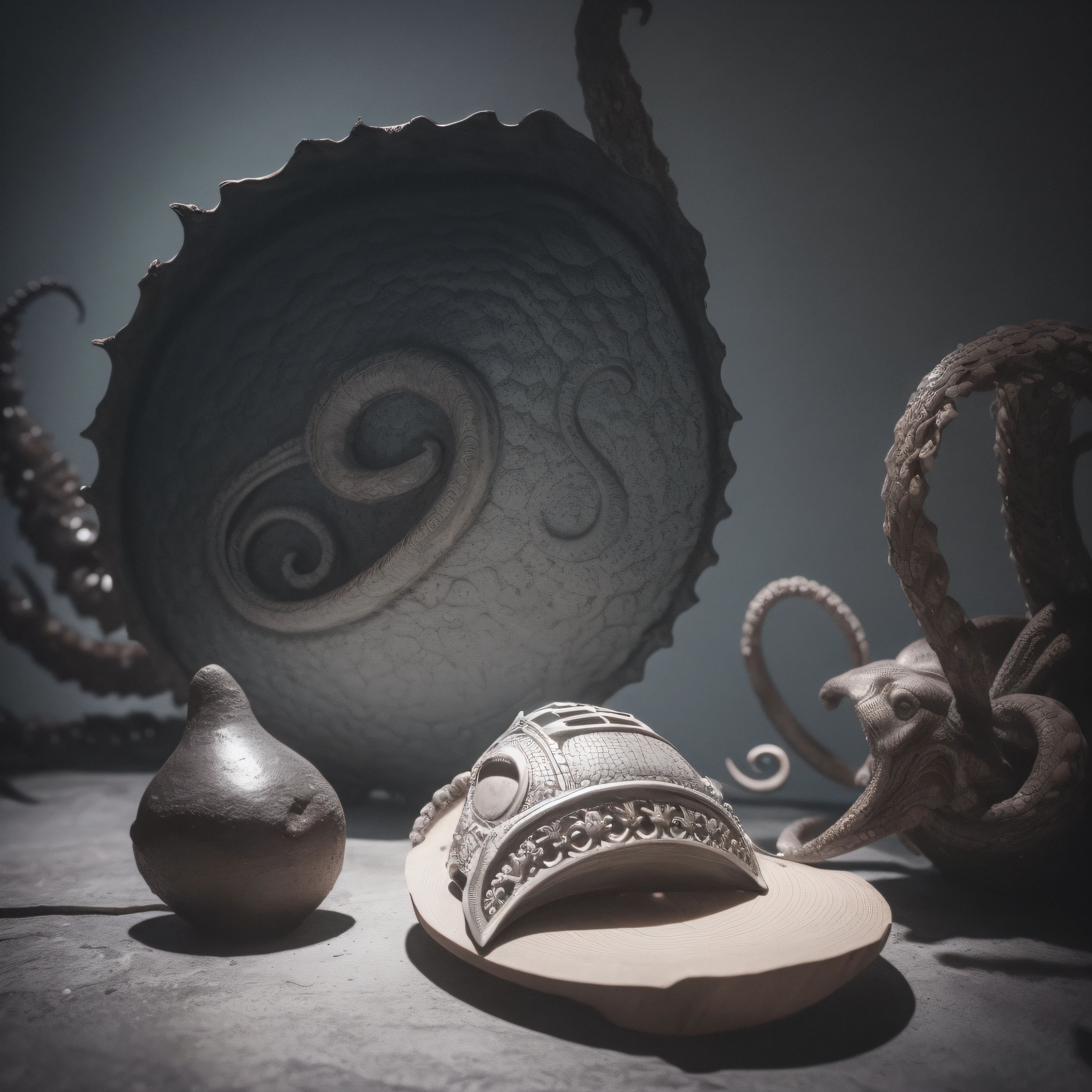 (extremadamente detallado, obra maestra, La mejor calidad), Estilo oscuro, intense illumination, rostro con arrugas, lengua larga, tentacle, armadura medieval, oxide, monstruoso, interior de una piscina de agua verdosa, imagen submarina, alien con Colmillos finos. manchas de tinta. Rococo composition. Luz de caravaggio