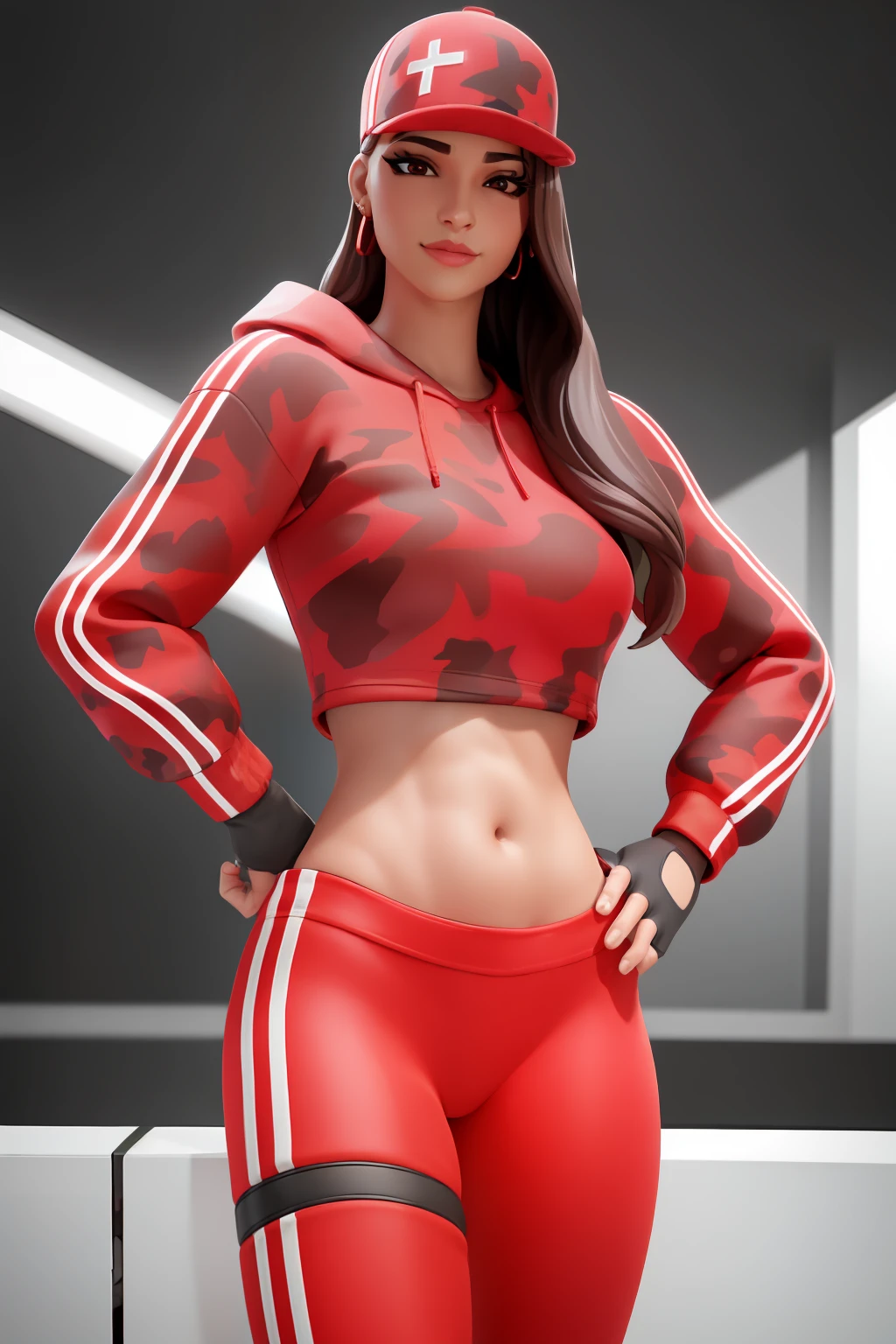 1girl, beautiful,  smirk, wearing a red hat, earrings, red camo, red sweatshirt, red leggings, long hair, brown hair, mascara, nose lips, standing, midriff, naval, earrings, (realistic:1.5), cyberpunk, neon city, neon lights, 3d, cgi, volumetric lightning, white sclera, brown eyes