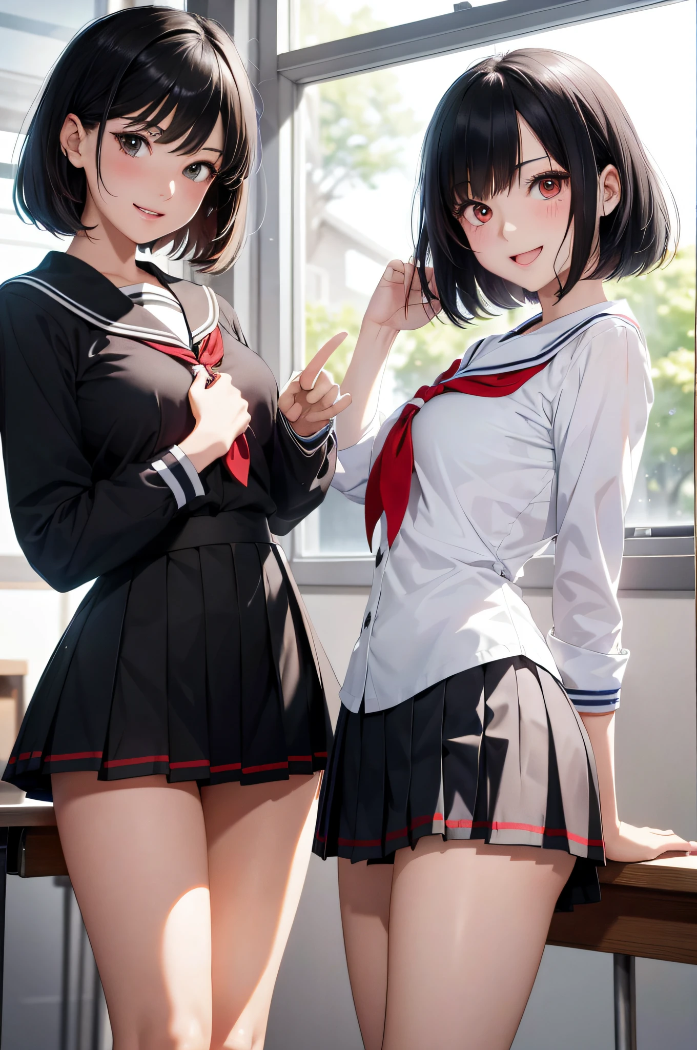 (top-quality、in 8K、32K、​masterpiece、nffsw、超A high resolution、Impresionismo、Photorealsitic:1.2)、huge tit、cowboy  shot, detailed faces and eyes、 Inside the classroom、Schools、Evening glow、beauitful face、blurry backround、16-year-old beautiful girl、shinny skin、short-hair、Beautiful black hair、Red Eyes、(Katyusha:1.2)、a sailor suit、Pleated miniskirt、Curve、dynamicposes、Smile with open mouth、Two girls、Same uniform、