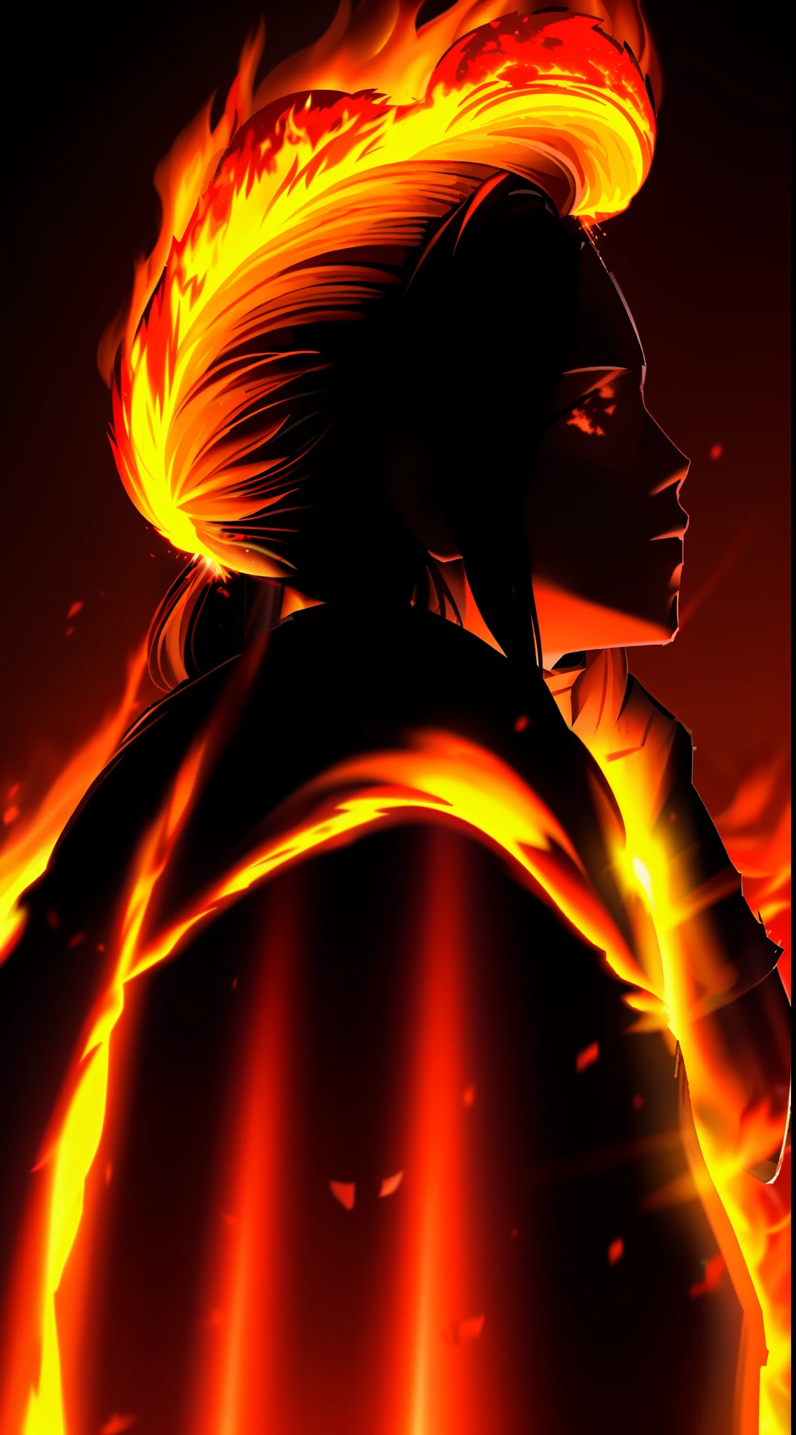 The flame burns in the dark,A person stands on it, Fire particles, spark of light, Fire particles in front, Sparks and liquid fire, Sparks fly, Orange flame in the background, Blazing particles, fire and explosions, Embers float in the air, Fire textures, Flames in the background, fire place roaring, Fire explosion in the background