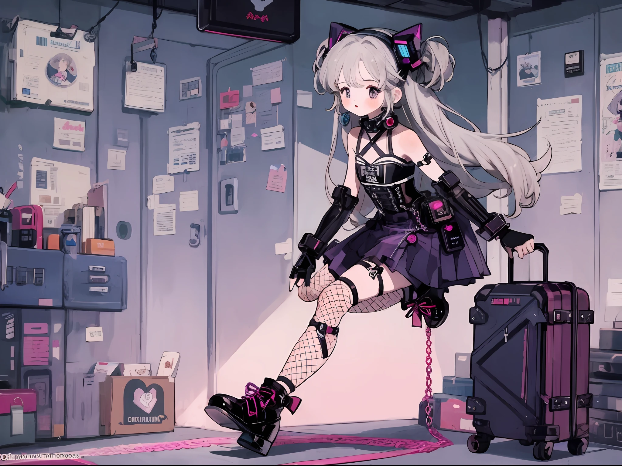 1girll,Personal illustrator,leg loops,leg holsters,mitts,very intricate,Exquisite,Complex hairstyles,Purple skirt,frilld,short skirt,Bow knot,Cross straps,bandagens,Y2K,E-girls,Emotional,non-mainstream,Gray hair,Love decoration,subculture,Sick,laughingly,Avant-garde and innovative clothing design,Black fishnet socks,waist chains,platform footwear,Glowing ornaments,Long boot leg covers,thongs,cyber punk perssonage