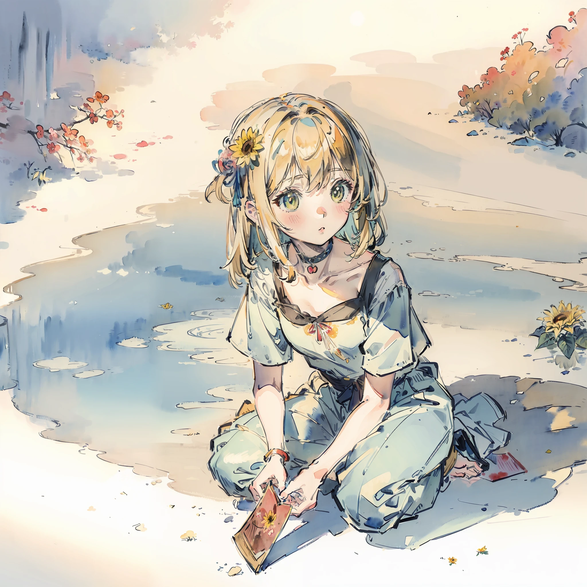 ((Best quality1.2、masutepiece))、((watercolor paiting))、((Take a cute cat))、Sun flower、kawaii