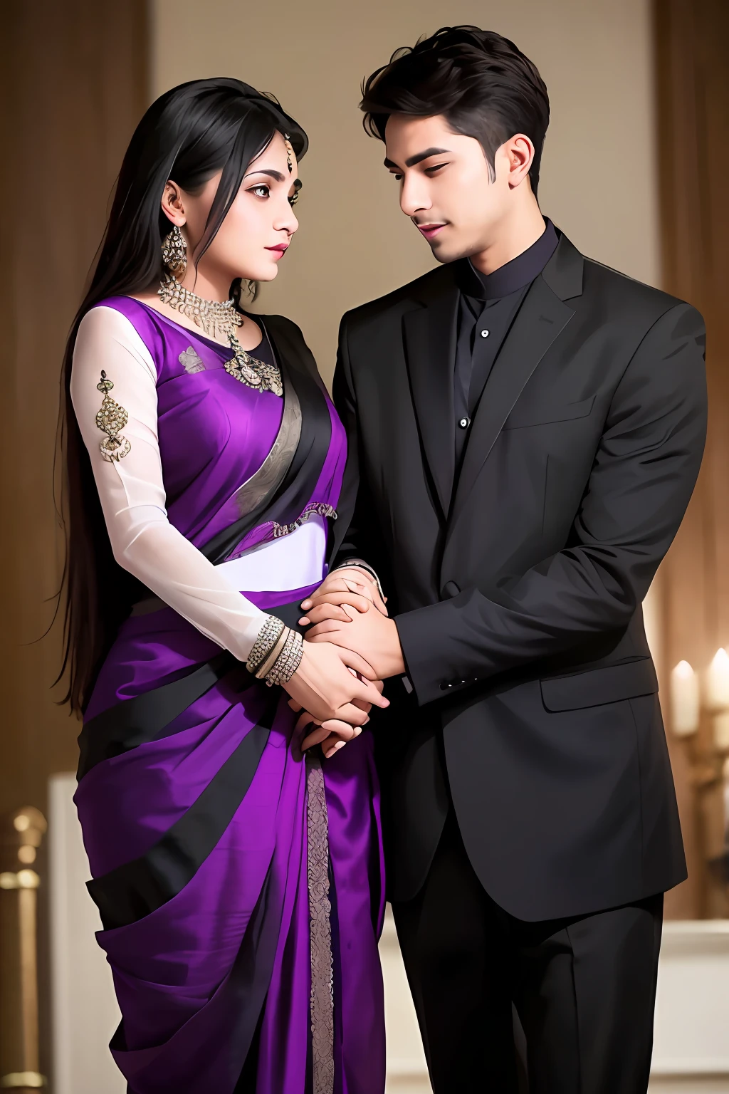 A boy holding a girl's hands, romantic, black and purplesaris dress , high quality detail, ultra realistic, waist out, 18 old boy, 16old girl,