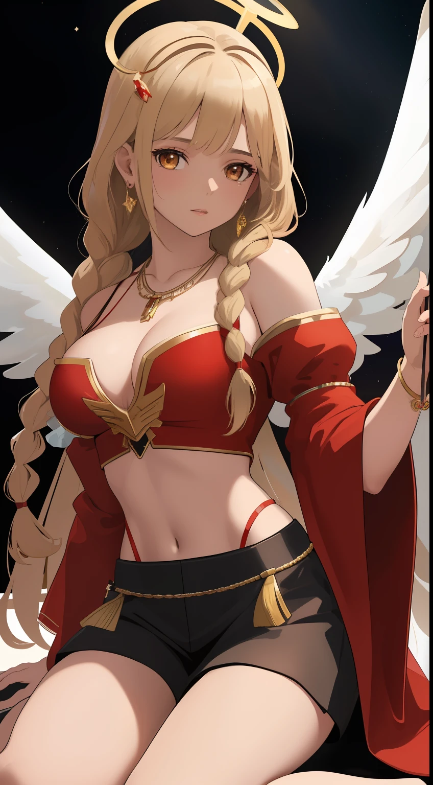 Top quality, ultra high resolution, (photorealistic: 1.4), Spatula scepter, red and white priest robe, ray tracing, space background, perfect, ultra high detailed, highly detailed face, saint halo, attractive face. Model face. Braid. Thin, beautiful details, brown face. Big tits. Shorts. Earring. Luxurious necklace. Detail. Realistic details. Real. Ability. Competent. On the back large wings. hair in braids, traditional female hairstyle, long braid hair, hair in braids, Angel's wings, Navel, Detached sleeves, Bare shoulders, Middle opening, Cleavage, Middle chest, Hair ornament, Thigh height, Full body, Look at viewer, break, otherworldly. Black suspended particles. Black smoke. Black crystals around.. Warping the body. Kneeling. Get on your knees.