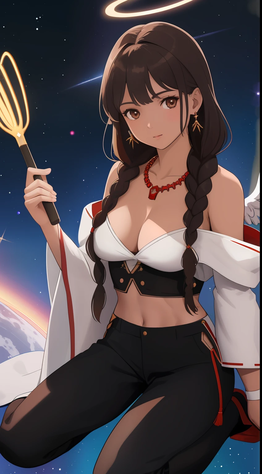 Top quality, ultra high resolution, (photorealistic: 1.4), Spatula scepter, red and white priest robe, ray tracing, space background, perfect, ultra high detailed, highly detailed face, saint halo, attractive face. Model face. Braid. Thin, beautiful details, brown face. Big tits. Shorts. Earring. Luxurious necklace. Detail. Realistic details. Real. Ability. Competent. On the back large wings. hair in braids, traditional female hairstyle, long braid hair, hair in braids, Angel's wings, Navel, Detached sleeves, Bare shoulders, Middle opening, Cleavage, Middle chest, Hair ornament, Thigh height, Full body, Look at viewer, break, otherworldly. Black suspended particles. Black smoke. Black crystals around.. Warping the body. Kneeling. Get on your knees.