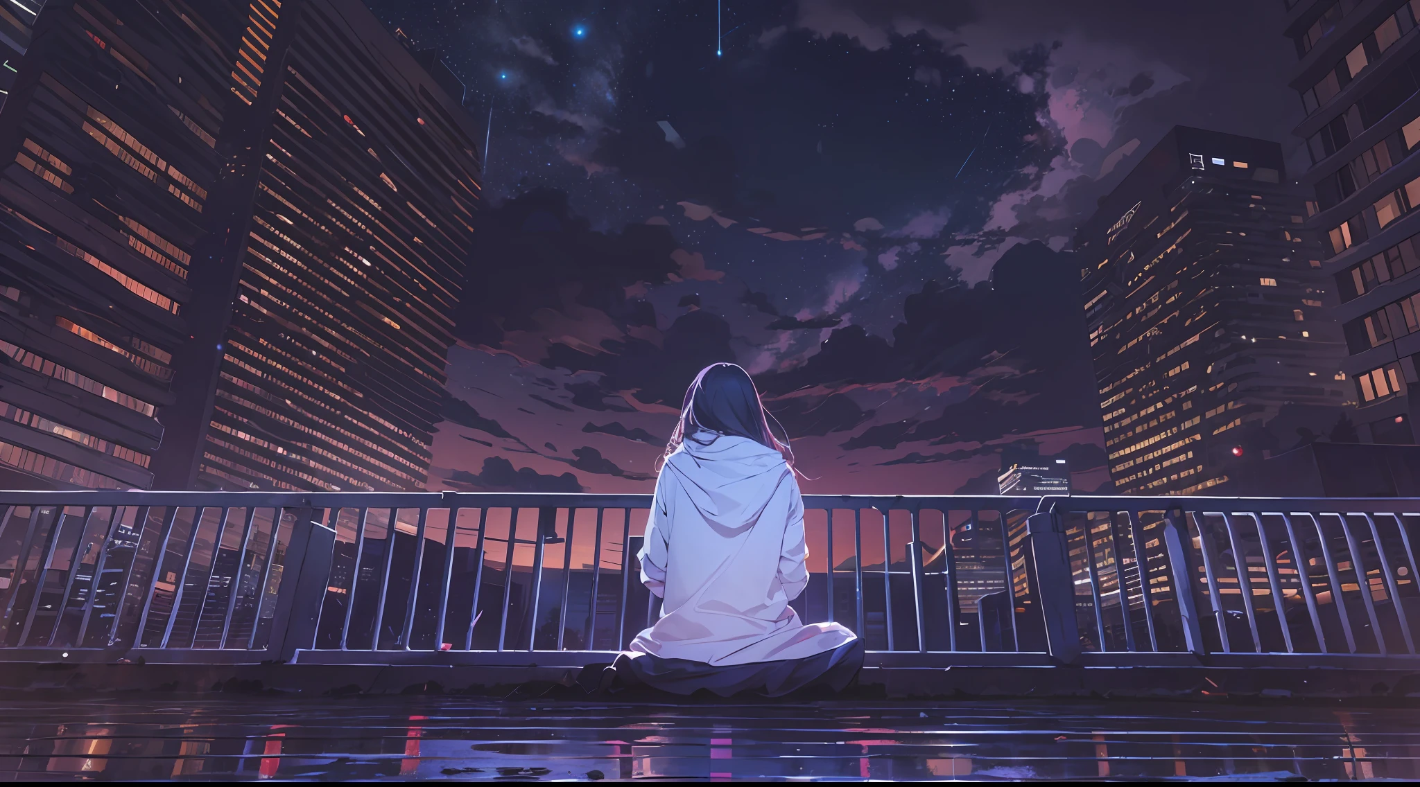 Anime girl sitting on a bridge looking at the city at night - SeaArt AI
