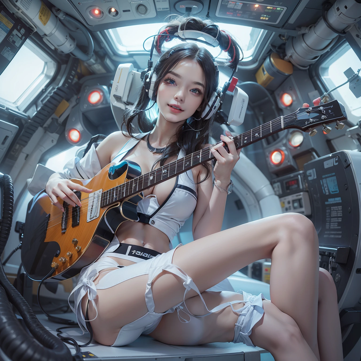 top-quality Photorealsitic Cool woman happy to raise her hand Perfect beauty Beautiful white skin Beautiful eyes Lustrous lips lovely smile Sensual swimsuit figure holding an electric guitar Functional head phone Inside the spacecraft