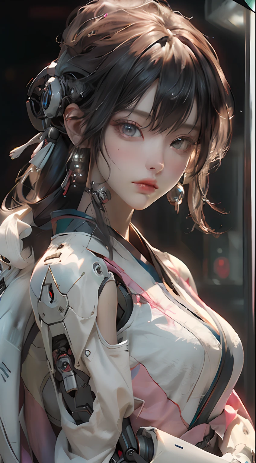 walking around Japan summer festival, pink kimono, (Best Quality), ((Masterpiece), (Detail: 1.4), 3D, A Beautiful Cyberpunk Woman, HDR (High Dynamic Range), Ray Tracing, NVIDIA RTX, Super-Resolution, Unreal 5, Subsurface Scattering, PBR Textures, Post-Processing, Anisotropic Filtering, Depth of Field, Maximum Sharpness and Clarity, Multi-layer Textures, Albedo and Highlight Maps, Surface Shading, Exact simulation of light-material interactions, perfect proportions, Octane Render, bicolor light, large aperture, low ISO, white balance, rule of thirds, 8K RAW, close-up of a woman with very long hair and a very large body, perfect anime robot woman, anime robot with organic mix, best anime 4K konachan wallpaper, detailed digital anime art, beautiful girl cyborg, portrait of cyborg queen, cyborg - silver girl, biomechanics oppai, Digital cyberpunk anime art