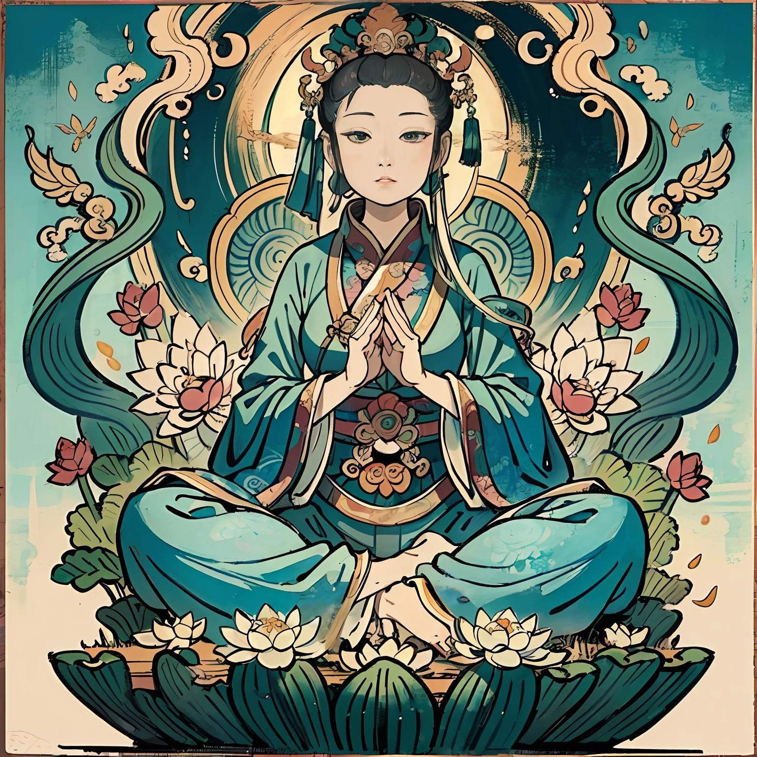 Woman sitting on a lotus,guanyin of the southern seas,Guanyin,contented female bodhisattva,jade sculpture,bodhisattva,queen of the sea mu yanling,serene,Serene expression,shui mo hua,Buddha,Buddhist,Lotus,Chinese painting style,Thangka style