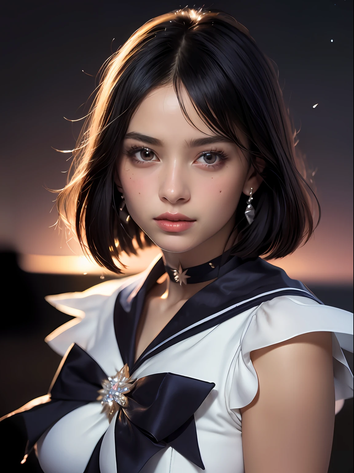 (masterpiece, best quality:1.4), (nebula background), (full body shot:1.5), (from front), 1girl, solo, (european youth:1sailor saturn, tiara, sailor senshi uniform, purple sailor collar, pleated skirt, elbow gloves, jewelry, brooch, choker, short black hair, (purple eyes:1), beautiful face, highly detailed face, highly detailed eyes, highly detailed skin, skin pores, subsurface scattering, realistic pupils, large breast, hard breast, full face blush, full lips, detailed background, depth of field, volumetric lighting, sharp focus, absurdres, realistic proportions, good anatomy, (realistic, hyperrealistic:1.4), 16k hdr,