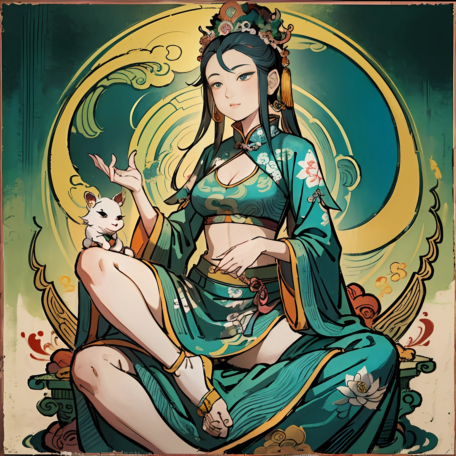 Woman sitting on a lotus,guanyin of the southern seas,Guanyin,contented female bodhisattva,jade sculpture,bodhisattva,queen of the sea mu yanling,serene,Serene expression,shui mo hua,Buddha,Buddhist,Lotus,Chinese painting style,Thangka style