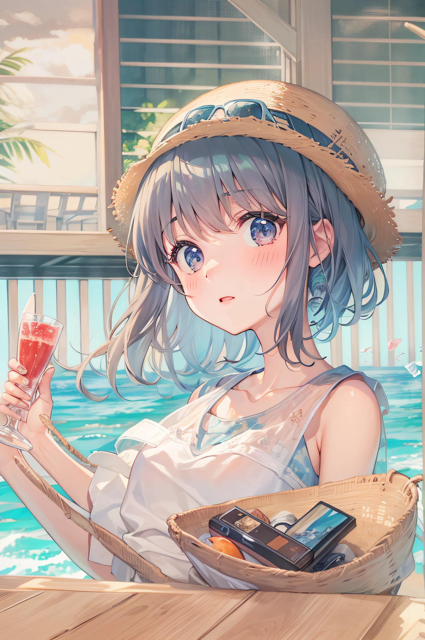 Girl watching TV、summer vacation、beach