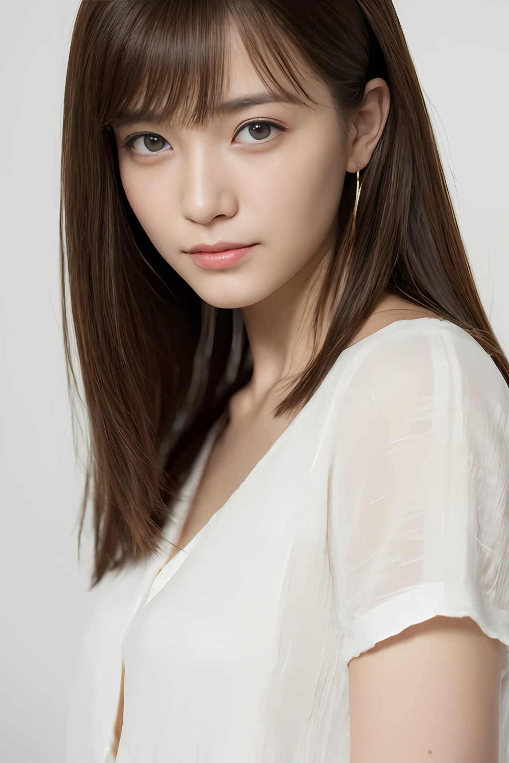 Dressed, (Photorealistic: 1.4), (hyper realisitic: 1.4), (Realistic: 1.3), (Smooth lighting: 1.05), (Improved lighting quality in movies: 0.9), 32K, 1 girl, Japan Woman, Realistic lighting, Back lighting, face lights, Ray Tracking, (Bright light: 1.2), (Quality Improvement: 1.4), ( Top quality realistic textured skin: 1.4), fine detailed eyes, Detailed face, Fine quality eyes, Brown eyes, (Tired, sleepy and satisfied: 0.0), White Silk Blouse, dark brown hair, short trimming bangs hanging on the forehead,,, One adult woman with a faint smile, (White background)