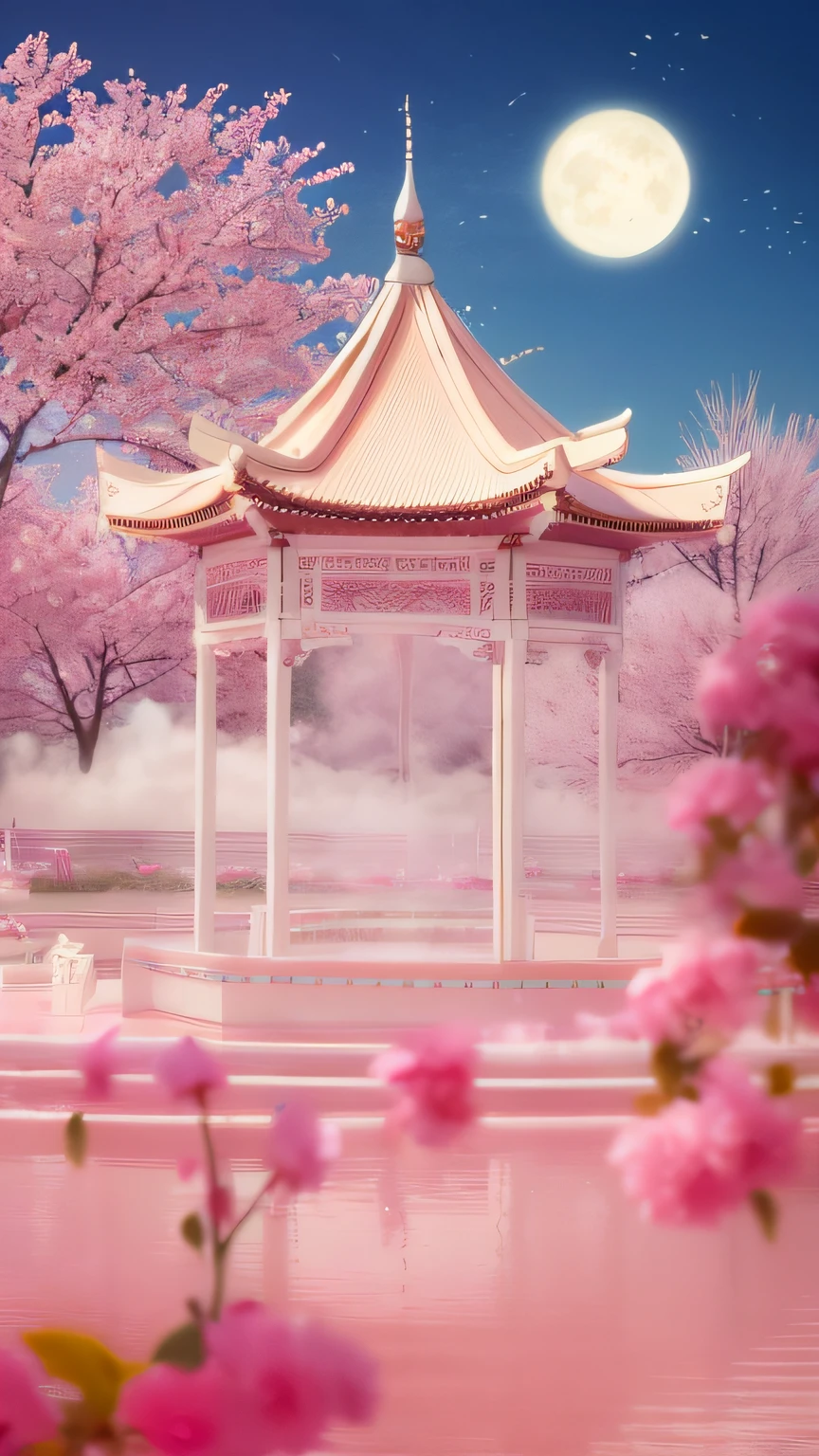 High-definition high-quality fields with pink and white pavilions in the middle, pink zen style, lie on white clouds fairyland, heaven pink, dreamy atmosphere and drama, in the white clouds fairyland, dreamy aesthetic, fantasy aesthetic!, Chinese fantasy, palace floating in heaven, fairy tale style background, Cloud Palace, pink fog background, in white clouds fairyland, dreamy scenes，k hd