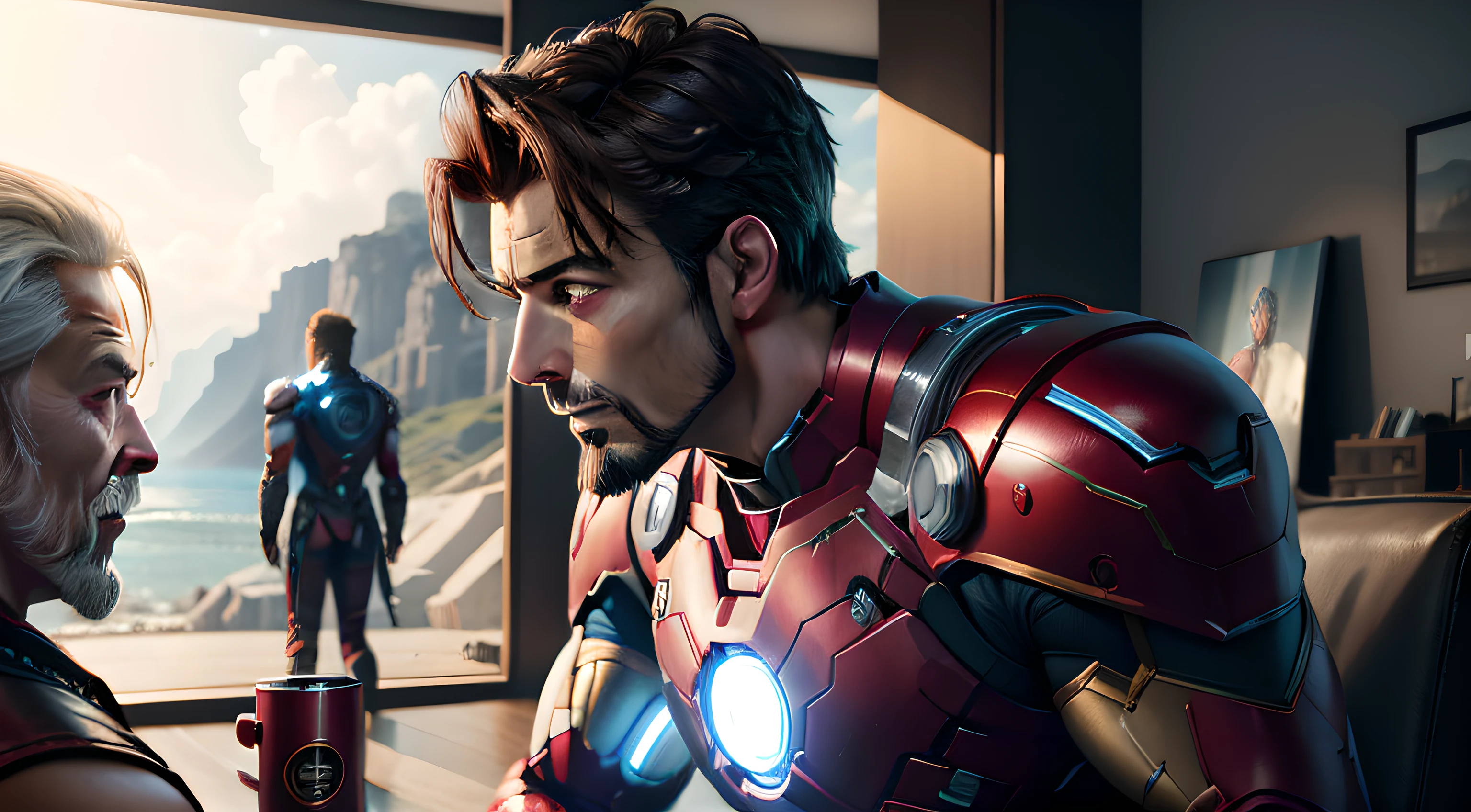 cinematic iron man talking with Odin Son Thor, ultrarealistic 8k image
