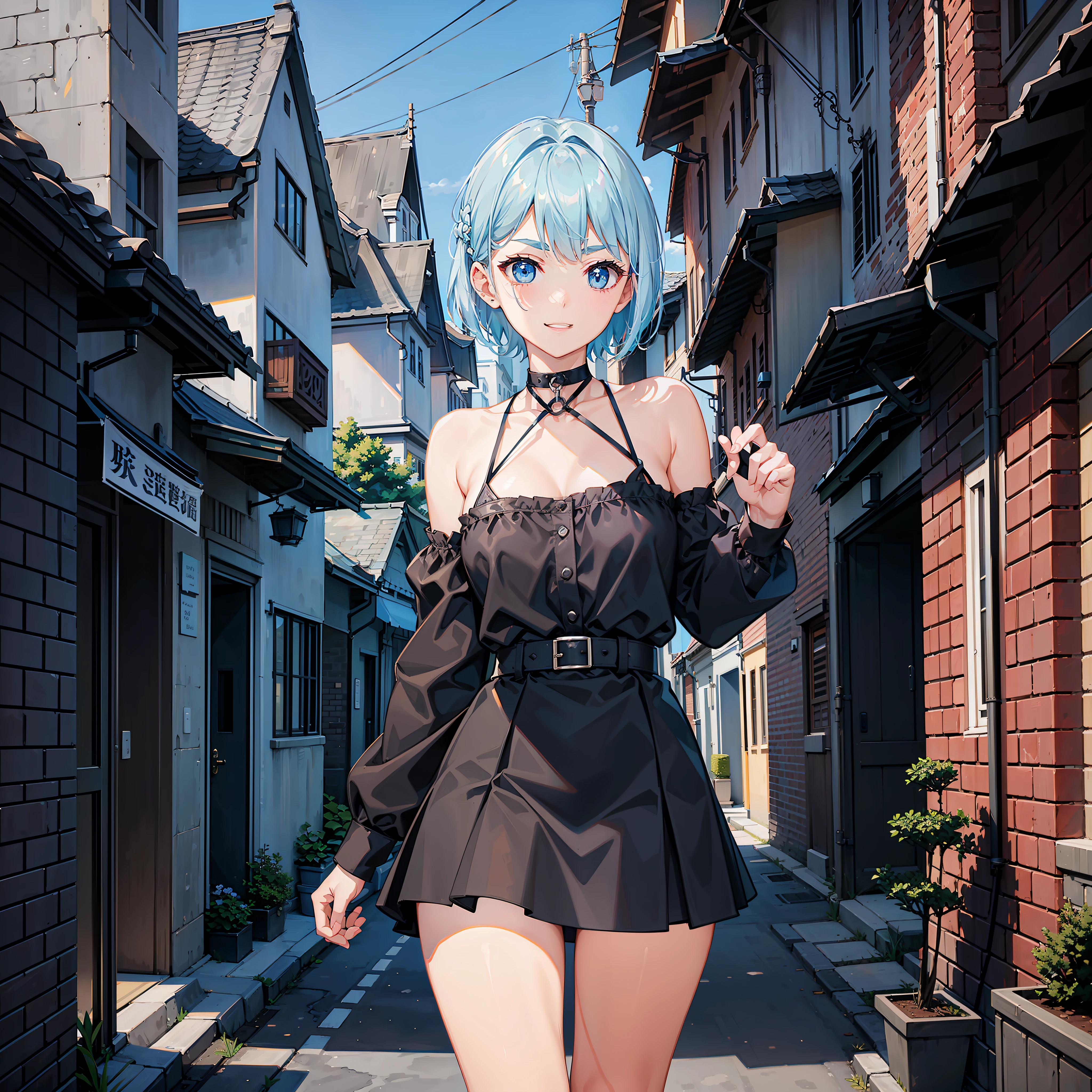 Portrait of an amazingly beautiful girl、Light blue short hair、sharp eyebrows、Big eyes、Dark eyelashes、A big smile、european townscape、a choker、off shoulders、Short leather skirt、slenderbody、walking(Delicate details:1.25)、(独奏:1.3)、(Western Streets)、(Detailed landscapes)、(Professional Shadow)、Brick House、(clocktower)