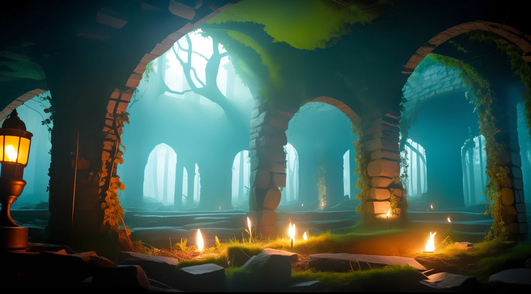 "Dark ruins underground,Tangled vines on the stone wall,Form large scenes,The lamp is made of torches,labyrinths of"