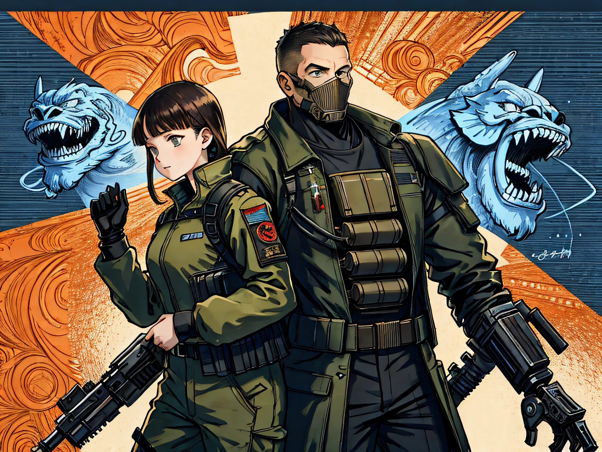 (best quality), oriental detailed background, science fiction,mechanical arms,girl with man , war, monster army, techwear,
military uniform