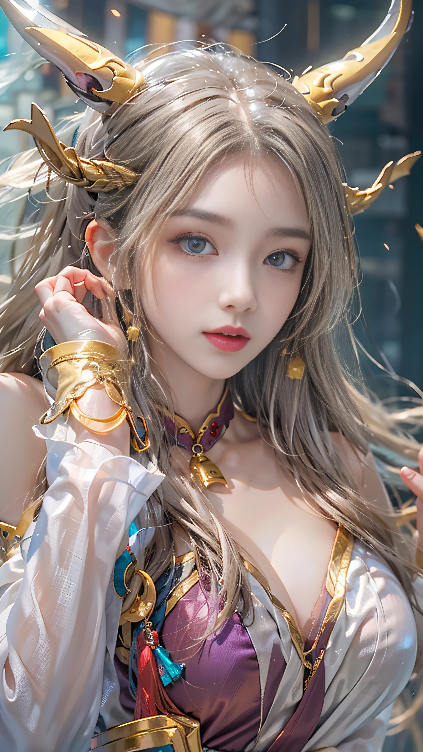 Super beautiful big glowing eyes、Photorealsitic, High resolution, 1 woman, Golden long hair, Beautiful eyes, normal , Ganyu clothes,gloves, Horns, Neck bell, pantyhPurple eyes, side locks, tassels, White sleeves,(ganyu \(GenshinImpact\))