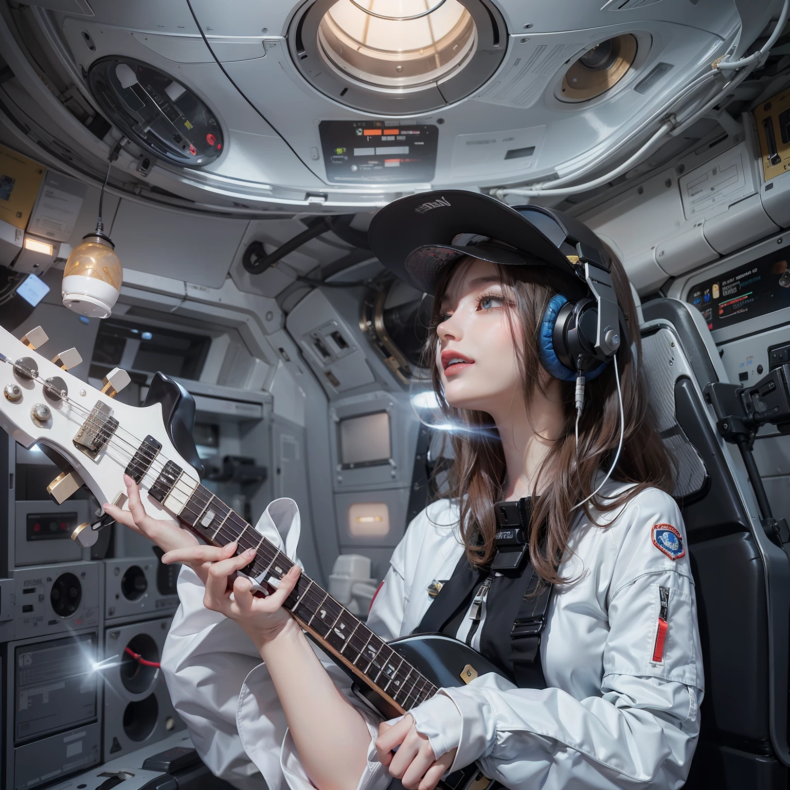 Enchanted woman happy to raise her hand Perfect beauty Beautiful white skin Beautiful eyes Lustrous lips lovely smile Wearing a thin black spacesuit that sticks to the body holding an electric guitar Functional head phone Inside the spacecraft
