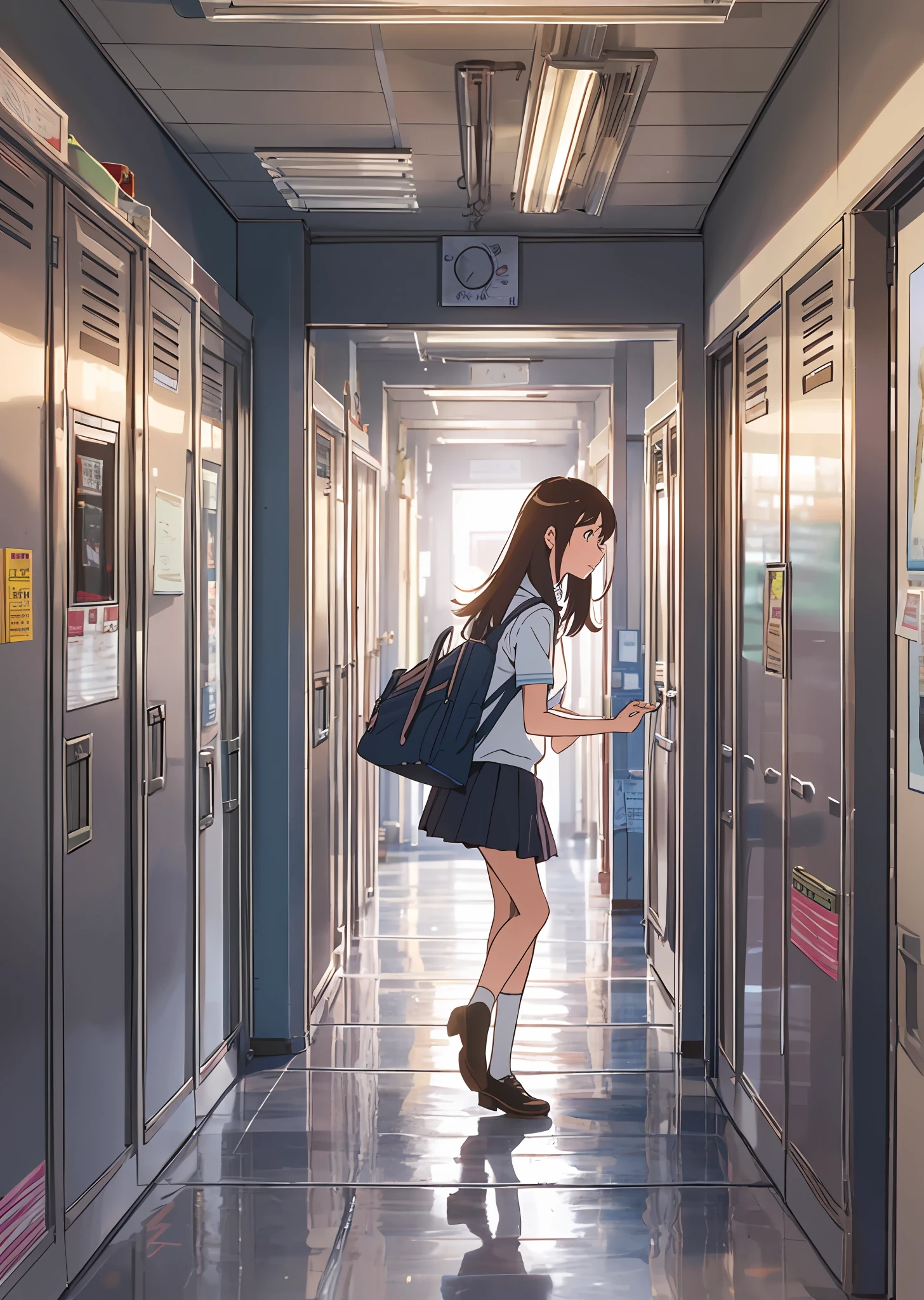 Create a high school girl character in a unique blend of super-realism and anime style, portraying the protagonist who is serious, ambitious, slightly shy, and caring for her friends, with brown long hair, bright blue eyes, wearing a standard school uniform and holding her school bag; her pose is engaged in conversation with a friend while holding textbooks, set against the background of a school corridor with lockers, posters, and other students, utilizing a balanced color scheme of soft pastels and warm tones to represent her vibrant youth, all while avoiding non-human structures or physically impossible movements, and ensuring quality and precision down to the smallest details. --auto --s2