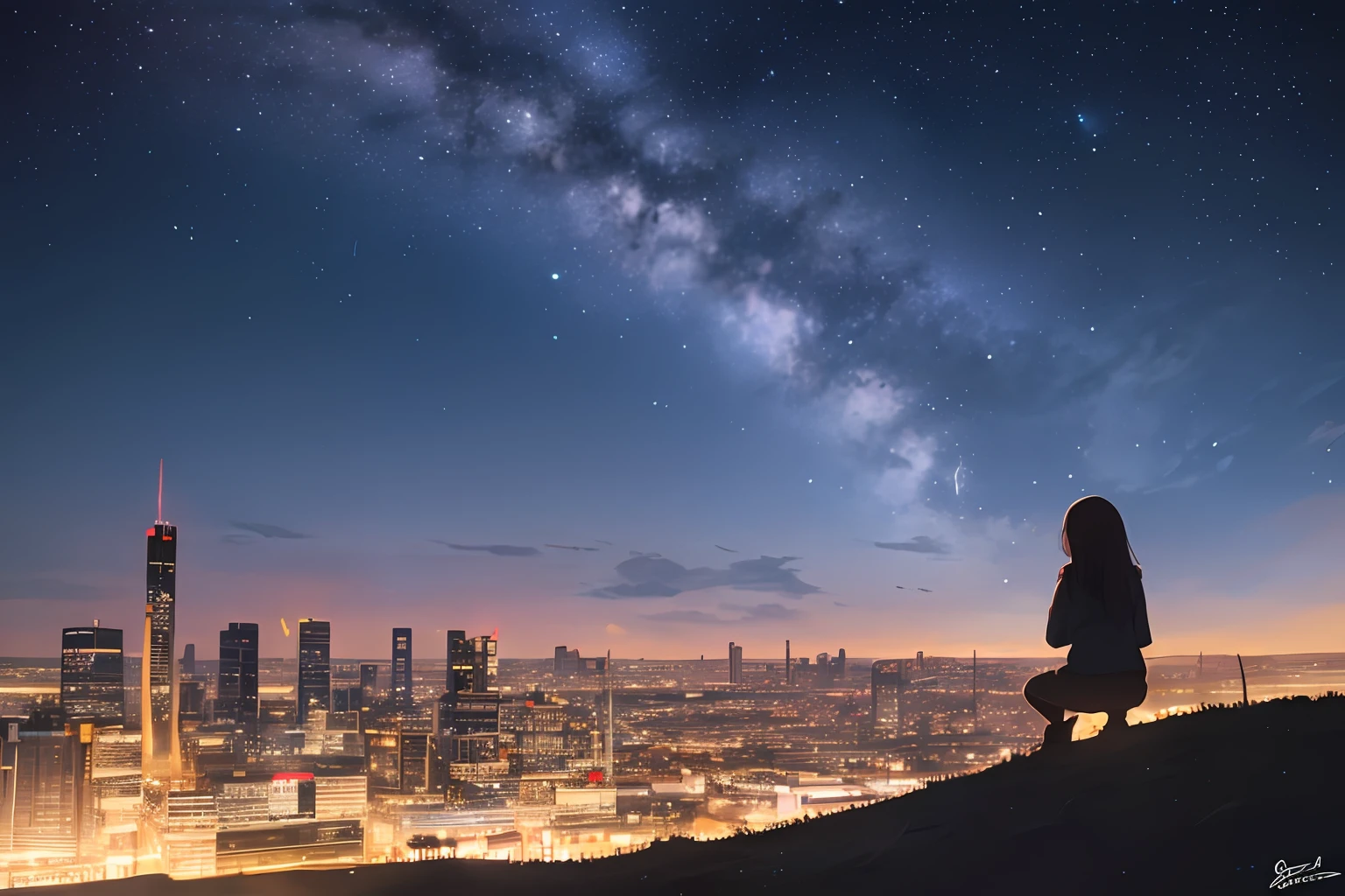octane, sky, star (sky), landscape, starry sky, night, , night sky, solo, outdoor, signature, building, clouds, milky way, sitting, tree, long hair, city, silhouette, cityscape