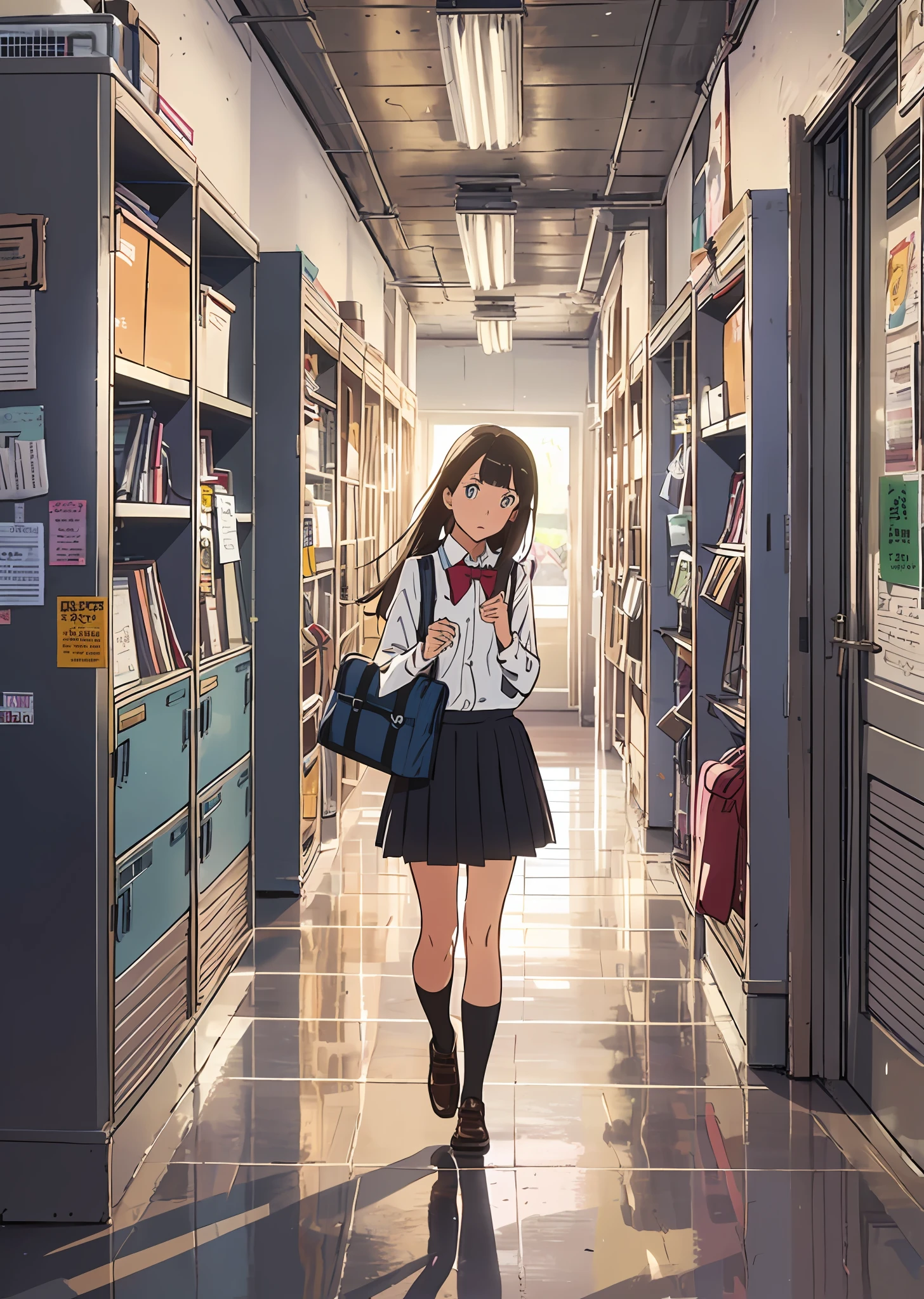 Create a high school girl character in a unique blend of super-realism and anime style, portraying the protagonist who is serious, ambitious, slightly shy, and caring for her friends, with brown long hair, bright blue eyes, wearing a standard school uniform and holding her school bag; her pose is engaged in conversation with a friend while holding textbooks, set against the background of a school corridor with lockers, posters, and other students, utilizing a balanced color scheme of soft pastels and warm tones to represent her vibrant youth, all while avoiding non-human structures or physically impossible movements, and ensuring quality and precision down to the smallest details. --auto --s2