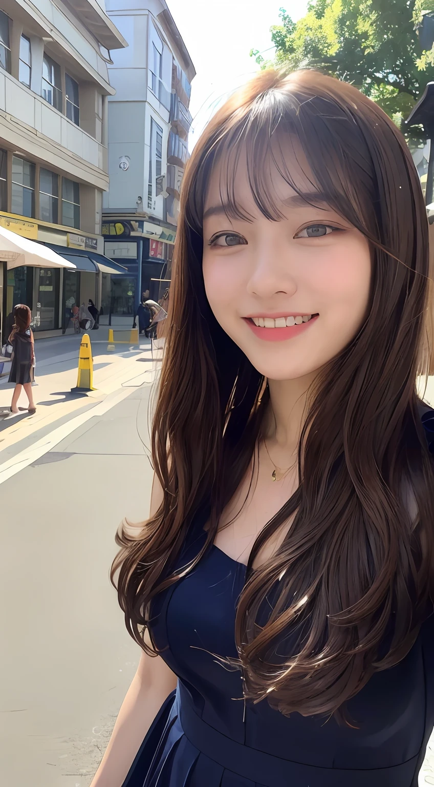 ((top-quality、8K、masterpiece:1.3))、1girl in、A smile、full body Esbian、Slim Faces、Pretty women、(dark brown hair)、Full-length dresses:1.1、hyperdetailed face、A detailed eye、二重まぶた、blured background、Slim Faces、城市、takeout、a street、With bangs、Curly hair、a park、frontage、Medium chest