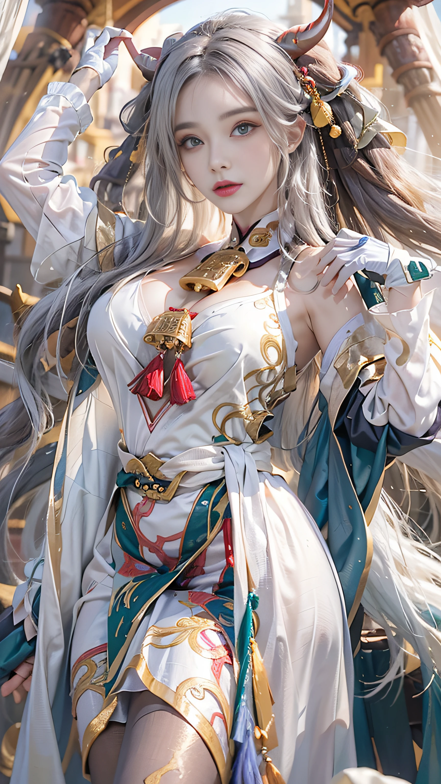 Super beautiful big glowing eyes、Photorealsitic, High resolution, 1 woman, Golden long hair, Beautiful eyes, normal breast, Ganyu clothes,gloves, Horns, Neck bell, pantyhose, Purple eyes, side locks, tassels, White sleeves,(ganyu \(GenshinImpact\))