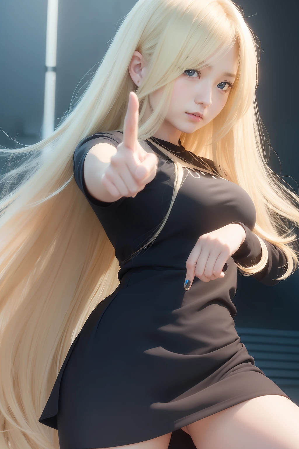 Blonde woman with long hair points camera with finger, heavy gesture style closeup, marin kitagawa fanart, with index finger, jojo anime style, with pointing finger, In an anime style, Anger and pointing, cellshading!!!, cel - shaded art style, blonde anime girl with long hair, rena nounen style 3/4, In anime style, Pointing