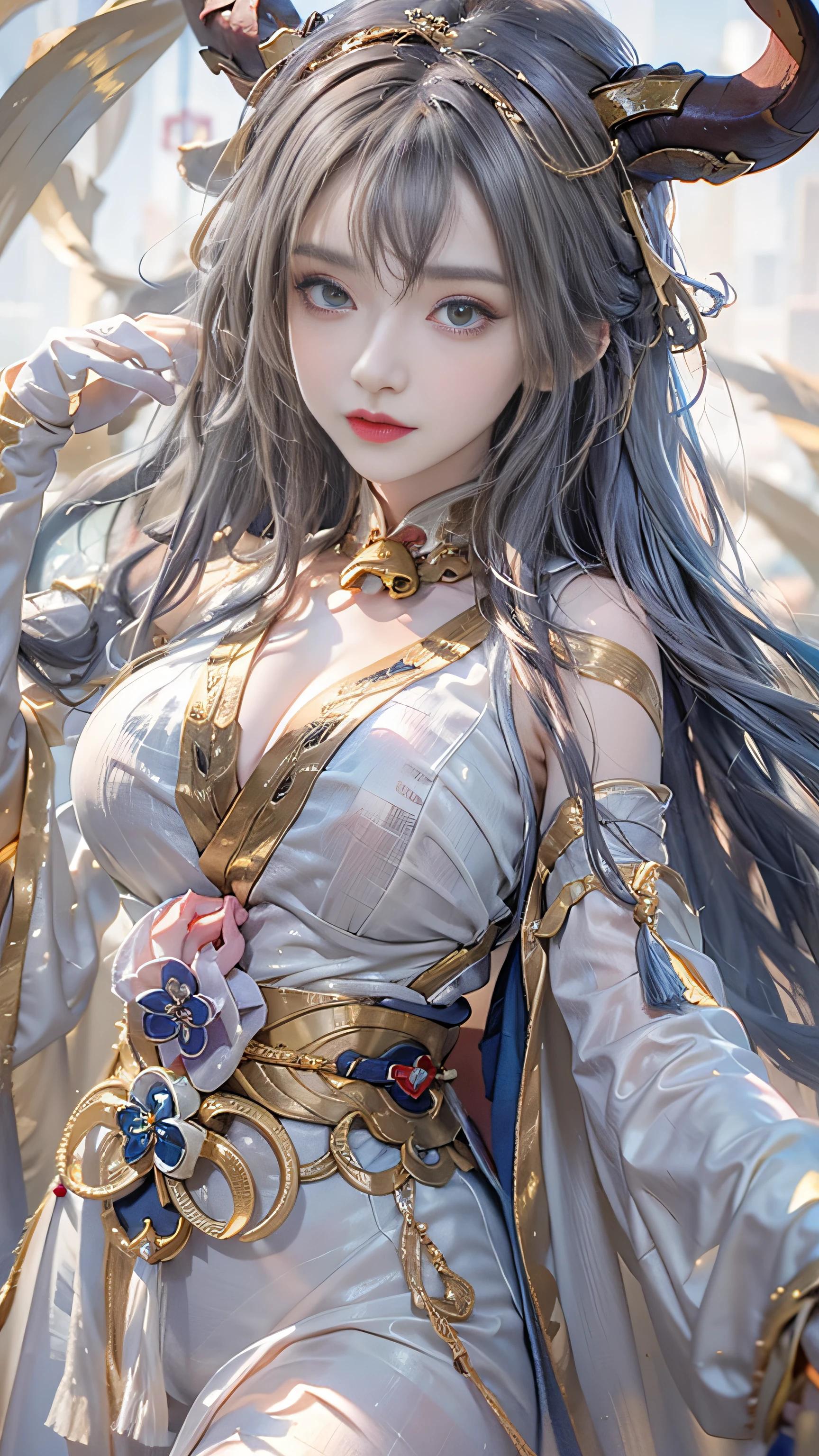 Super beautiful big glowing eyes、Photorealsitic, High resolution, 1 woman, Golden long hair, Beautiful eyes, normal breast, Ganyu clothes,gloves, Horns, Neck bell, pantyhose, Purple eyes, side locks, tassels, White sleeves,(ganyu \(GenshinImpact\))