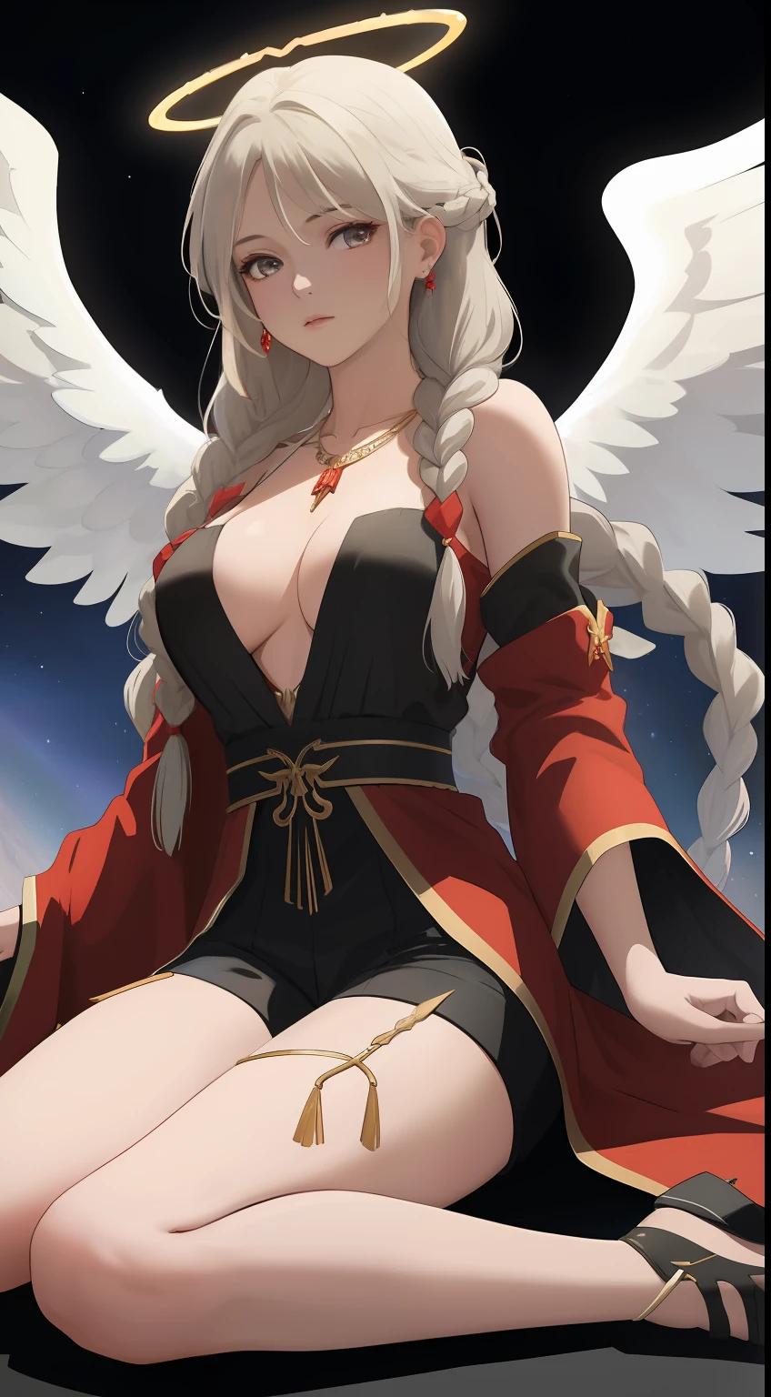 Top quality, ultra high resolution, (photorealistic: 1.4), Spatula scepter, red and white priest robe, ray tracing, space background, perfect, ultra high detailed, highly detailed face, saint halo, attractive face. Model face. Braid. Thin, beautiful details, Big tits. Shorts. Earring. Luxurious necklace. Detail. Realistic details. Real. Ability. Competent. On the back large wings. hair in braids, traditional female hairstyle, long braid hair, hair in braids, Angel's wings, Detached sleeves, Bare shoulders, Middle opening, Cleavage, Middle chest, Hair ornament, Thigh height, Full body, Look at viewer, break, otherworldly. Black suspended particles. Black smoke. Black crystals around.. Warping the body.