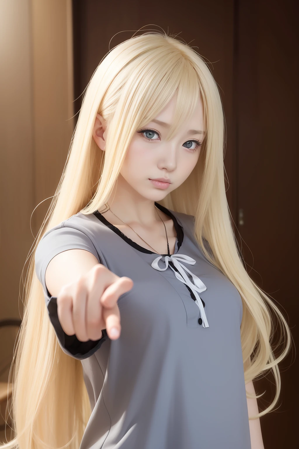 Blonde woman with long hair points camera with finger, heavy gesture style closeup, marin kitagawa fanart, with index finger, jojo anime style, with pointing finger, In an anime style, Anger and pointing, cellshading!!!, cel - shaded art style, blonde anime girl with long hair, rena nounen style 3/4, In anime style, Pointing